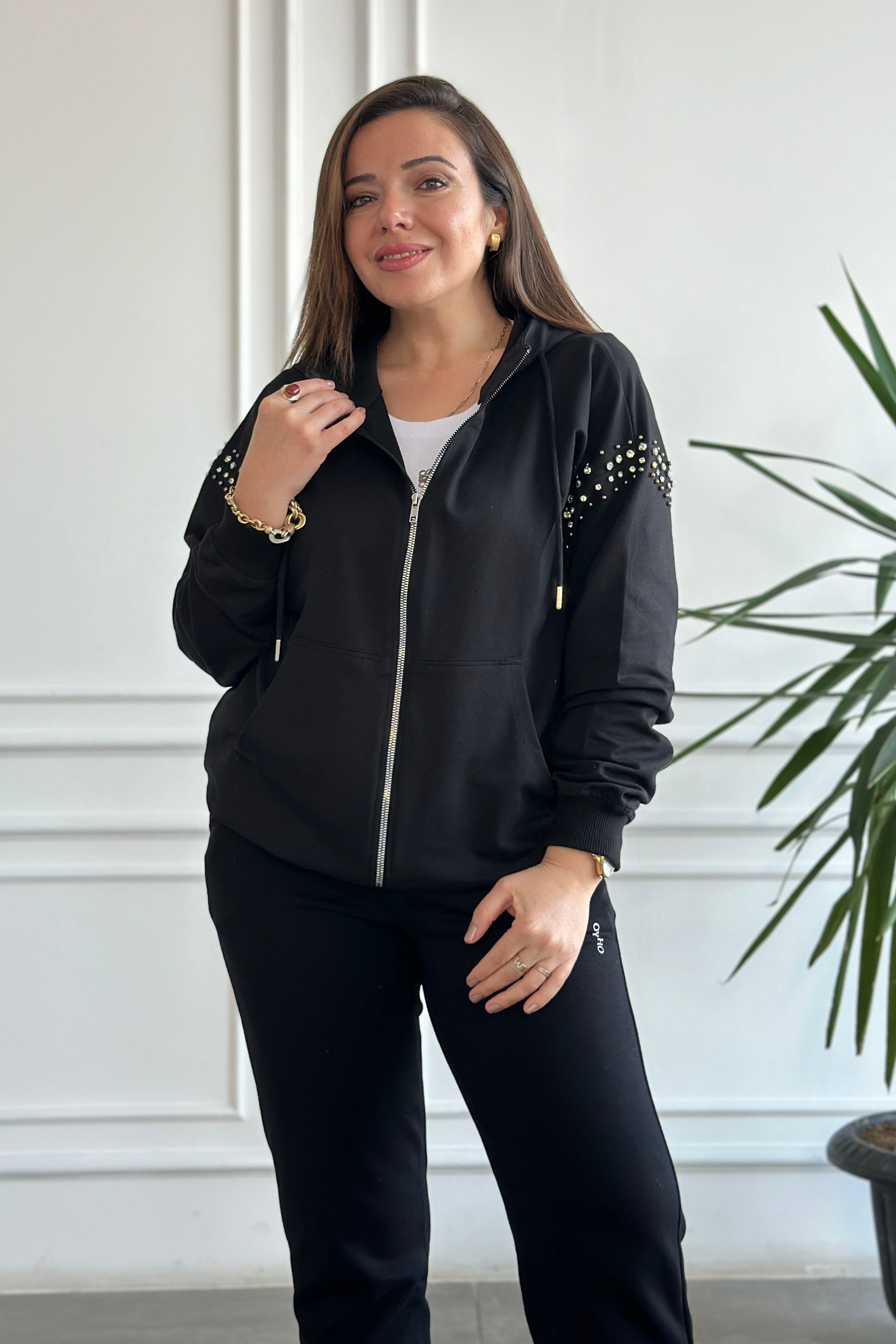 Kolları Taşlı Önden Fermuarlı Sweat Ceket - SIYAH