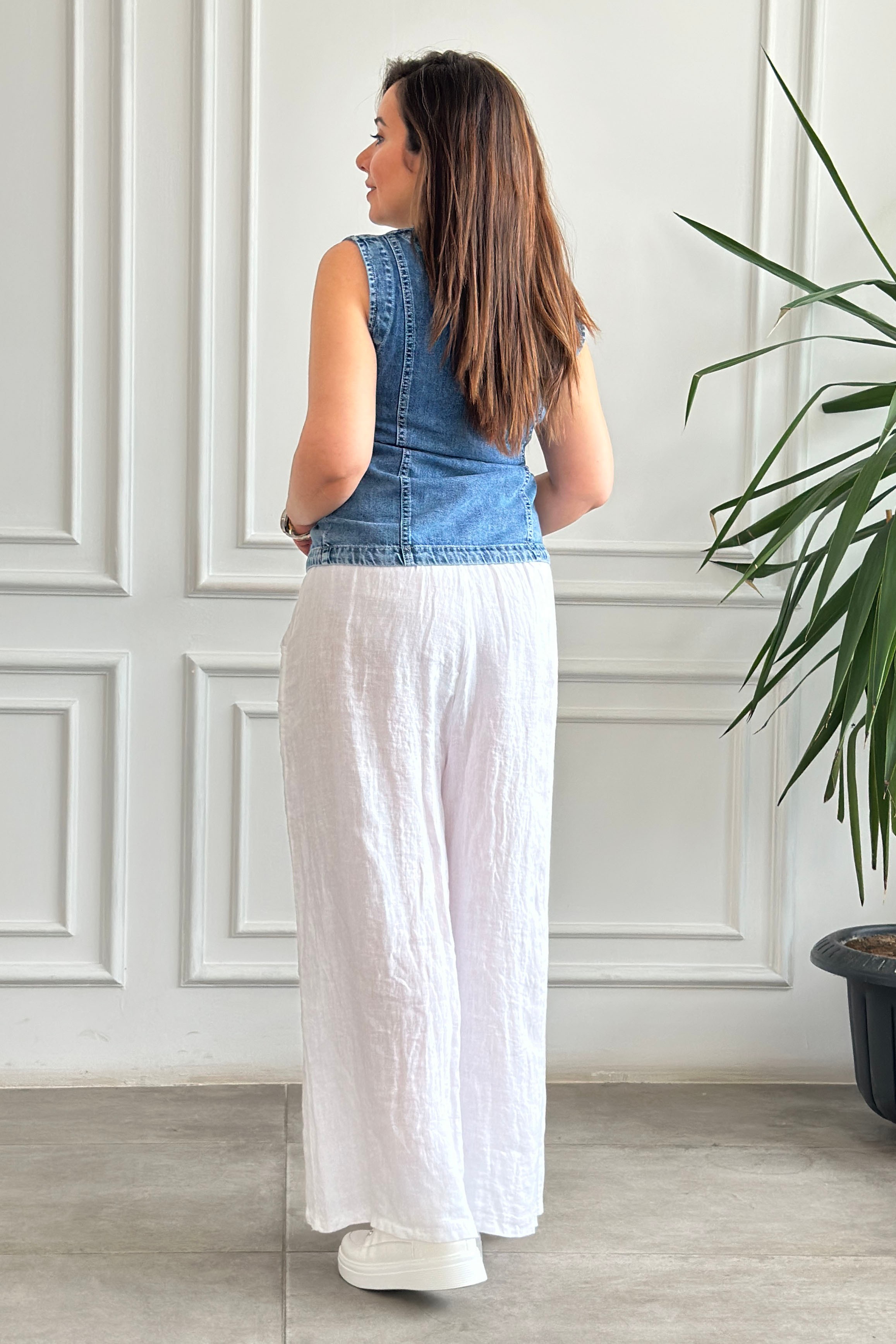 Tokalı Kemerli Keten Pantolon