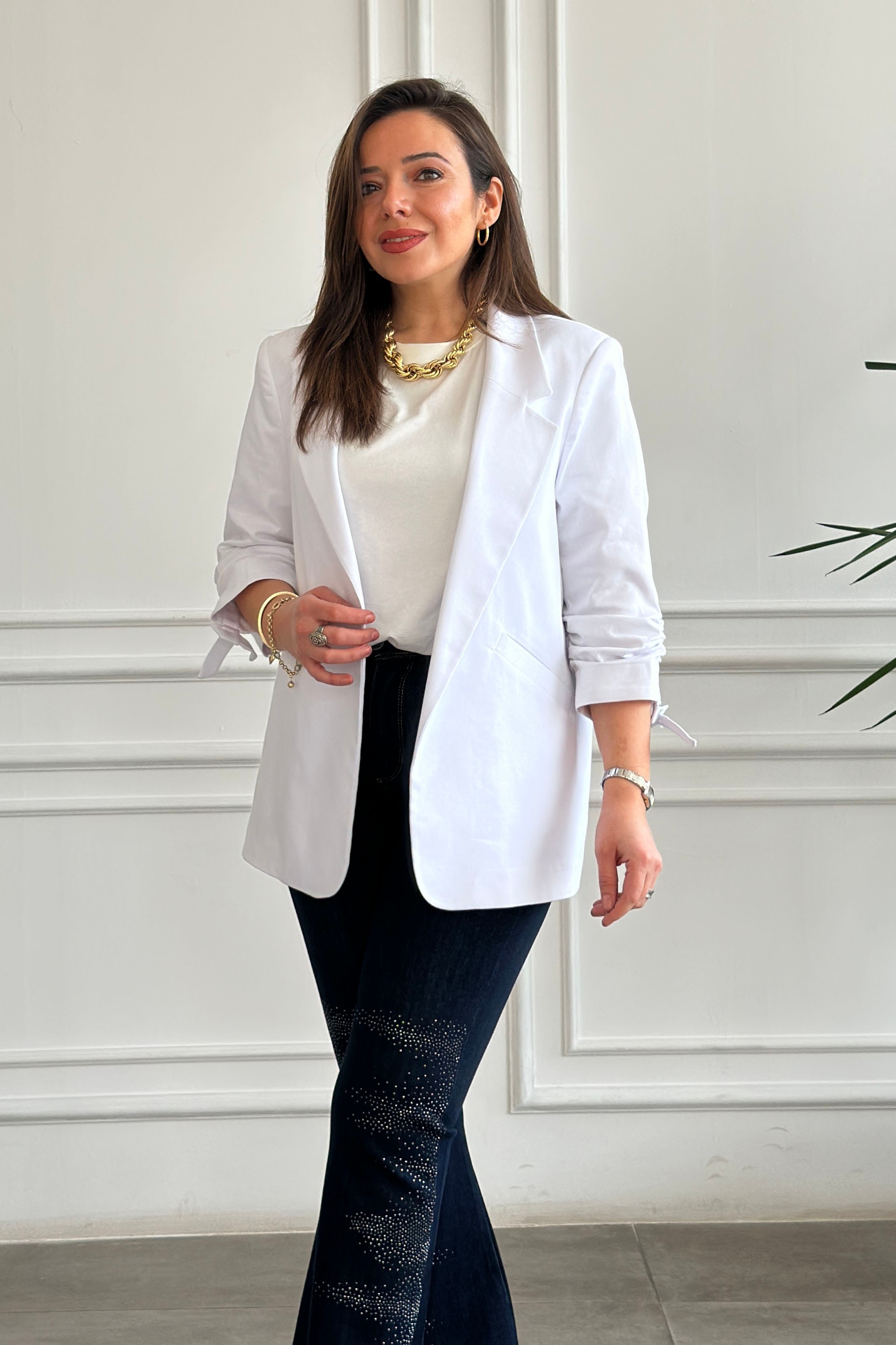 Kolları Büzgülü Blazer Ceket - BEYAZ