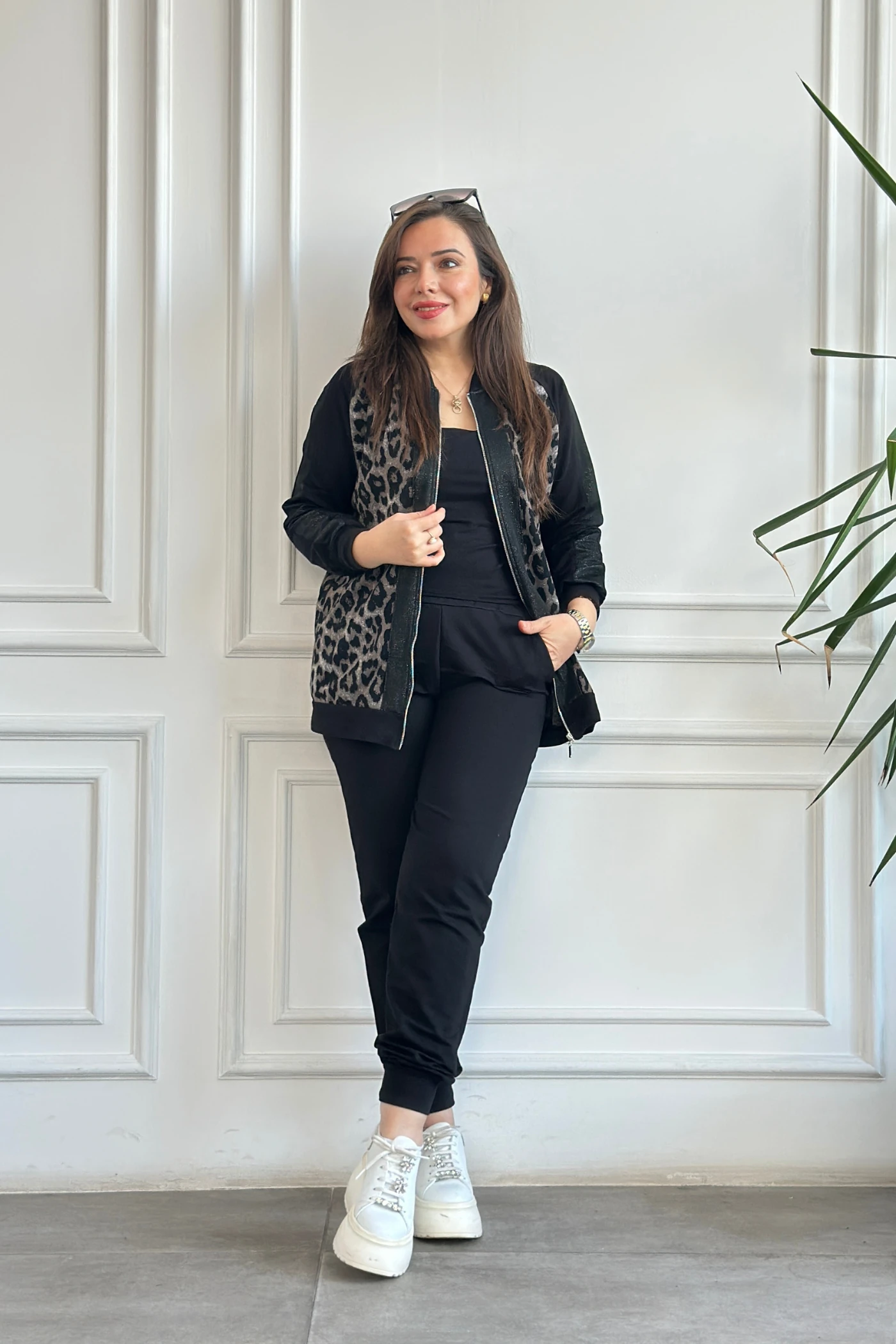 Leopar Detaylı Fermuarlı Eşofman Takımı  - SIYAH