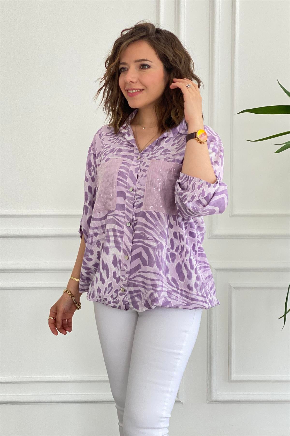 Leopar Desenli Cepleri Pul İşlemeli Bluz
