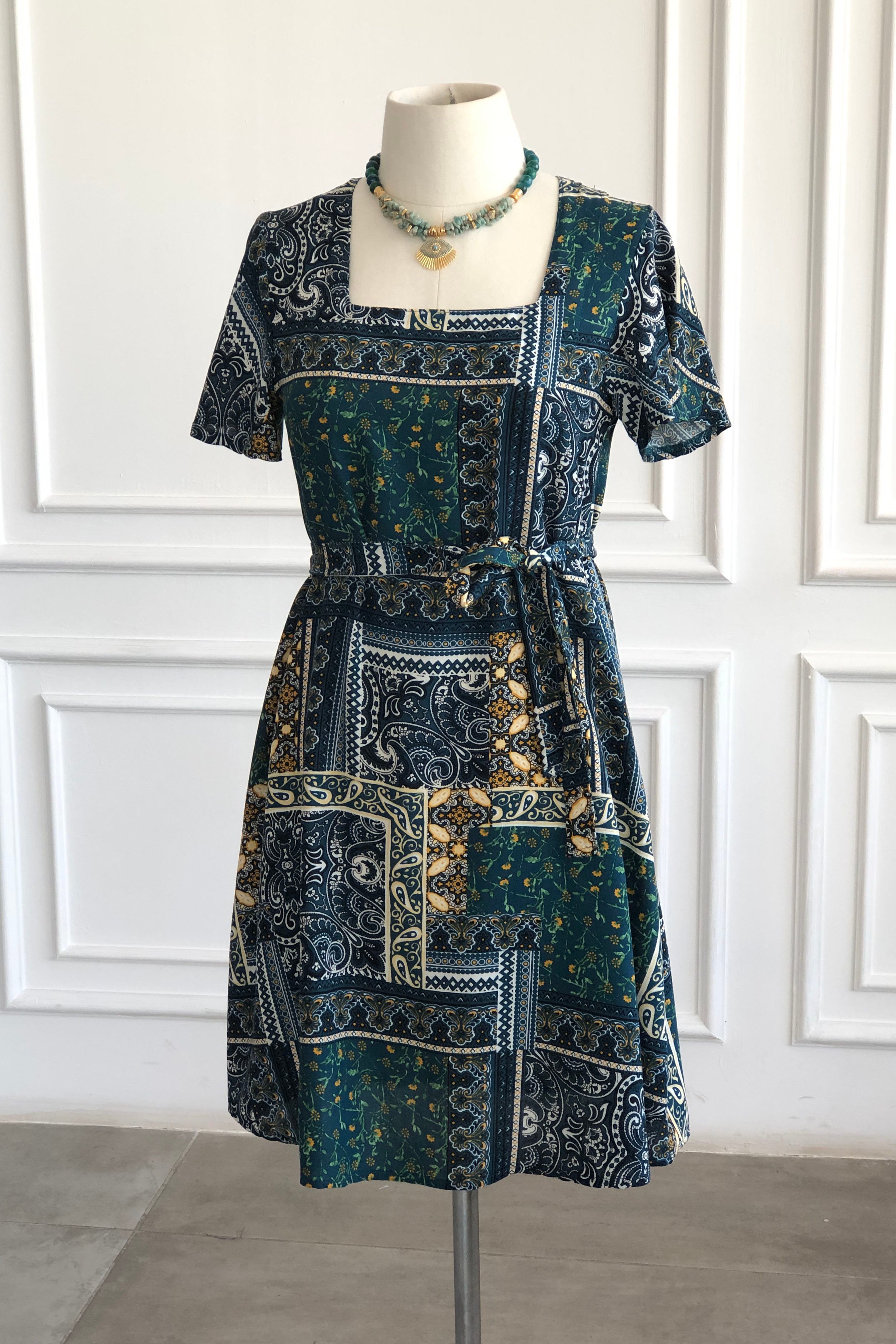 Kare Yaka Melek Kol Patchwork Desen Viscon Elbise - PETROL YESIL