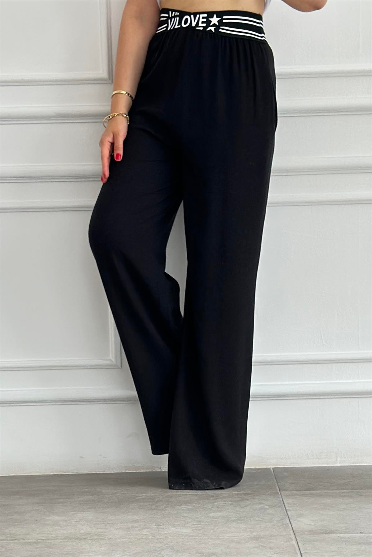 Beli Çapraz Lastik Detaylı Keten Pantolon