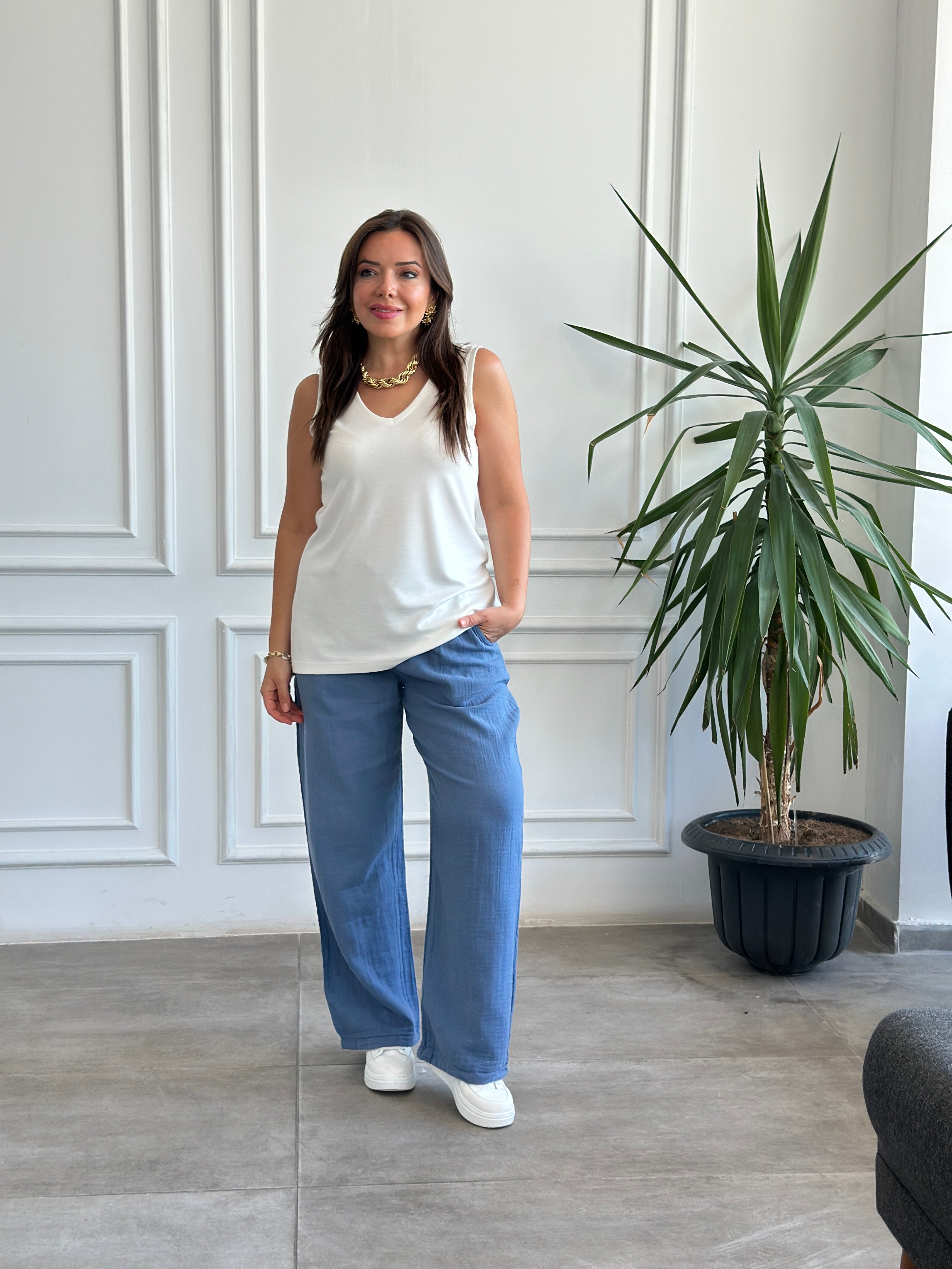 Beli Lastikli Bol Paça Müslin Pantolon - INDIGO