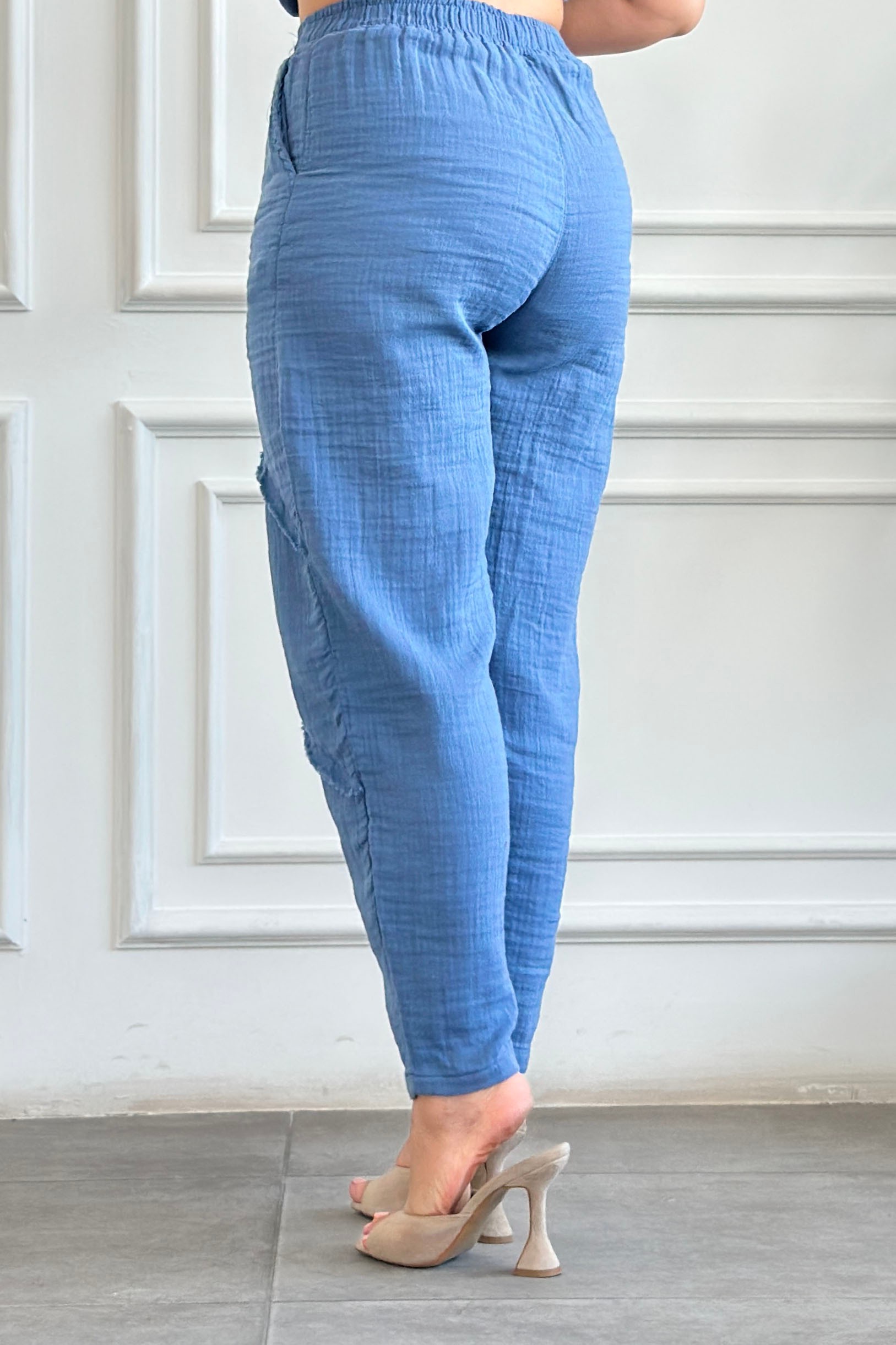 Pis Dikiş Şalvar Müslin Pantolon - INDIGO
