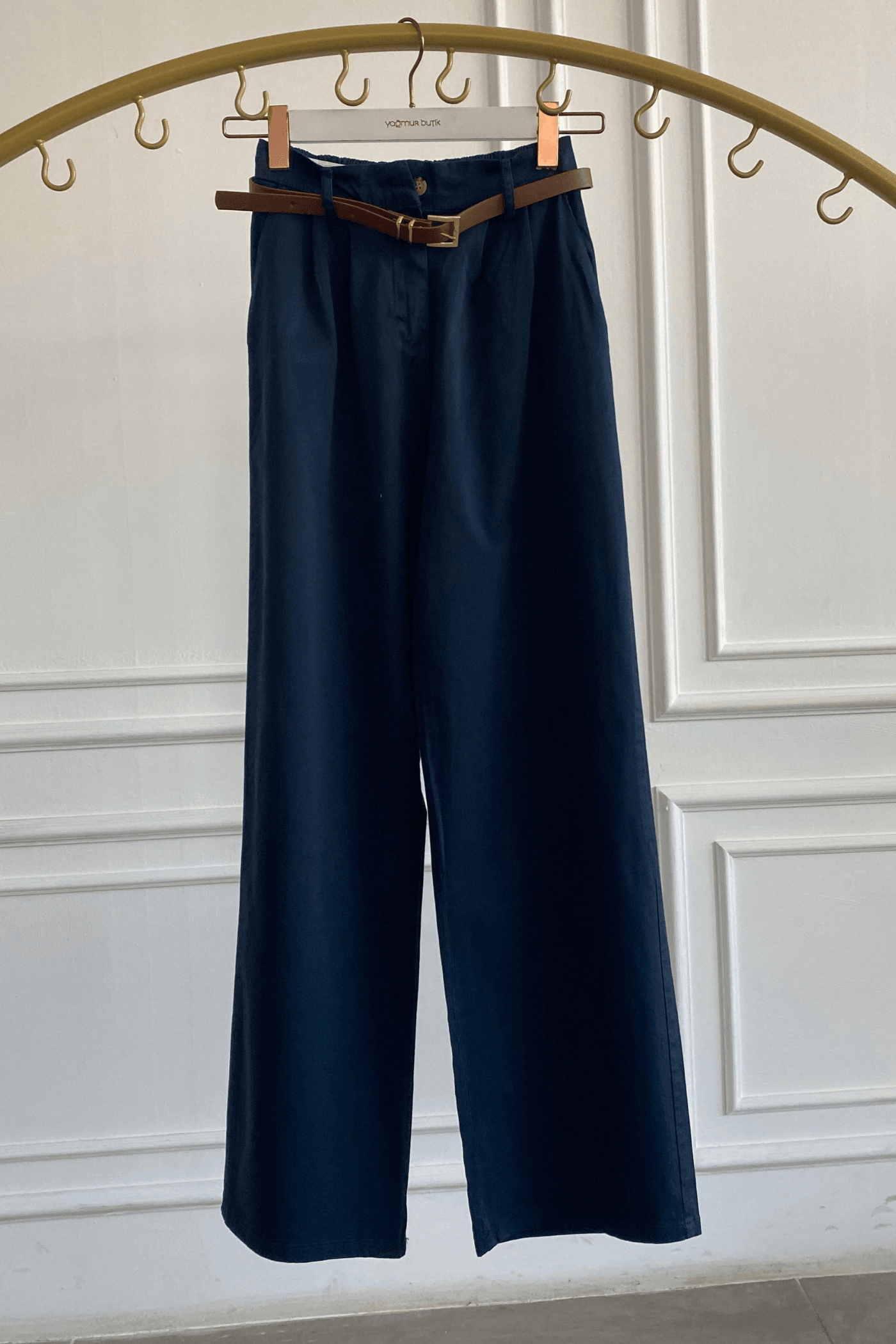 Beli Lastikli Kemerli Bol Paça Pantolon - LACIVERT