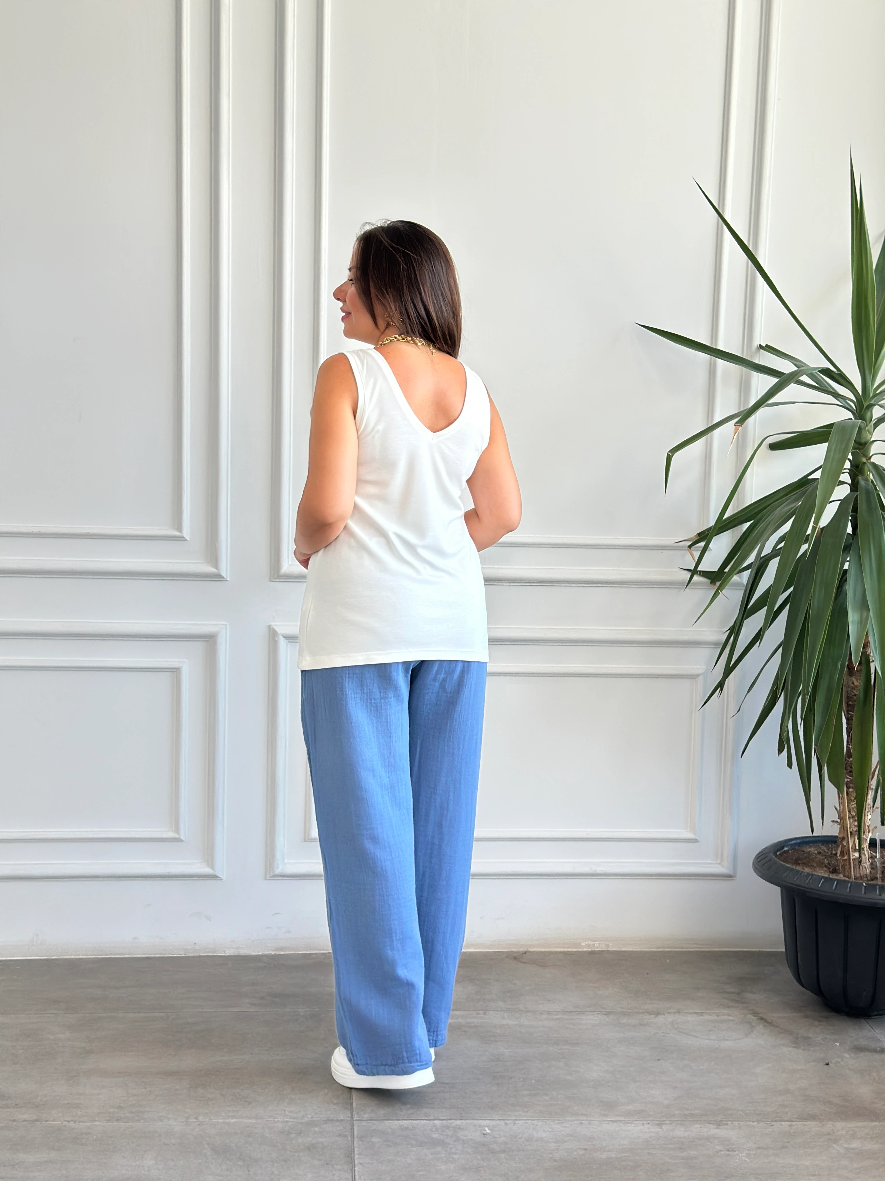 Beli Lastikli Bol Paça Müslin Pantolon - INDIGO