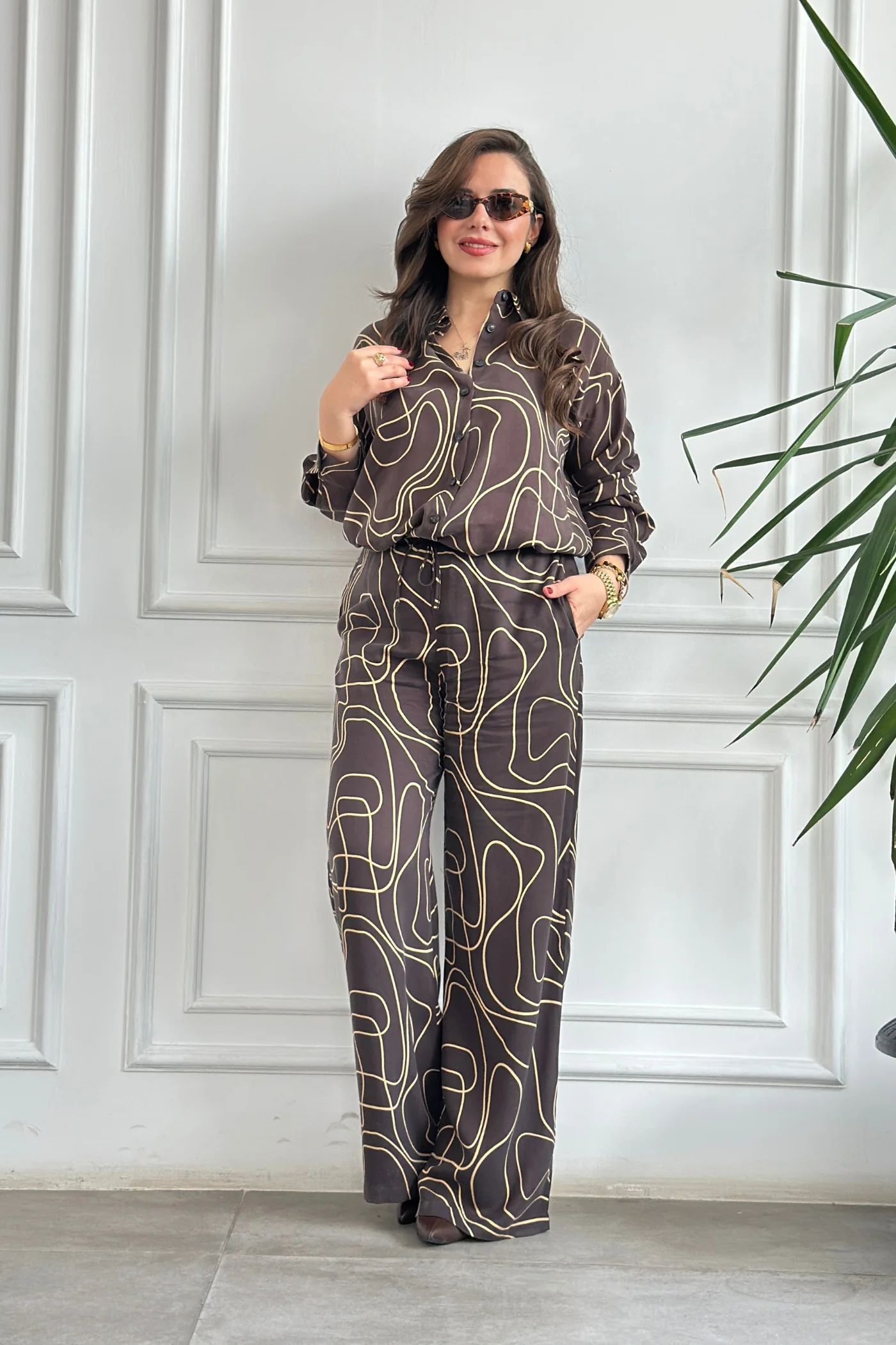 Çizgi Desenli Pantolonu Bol Paça Tensel Takım