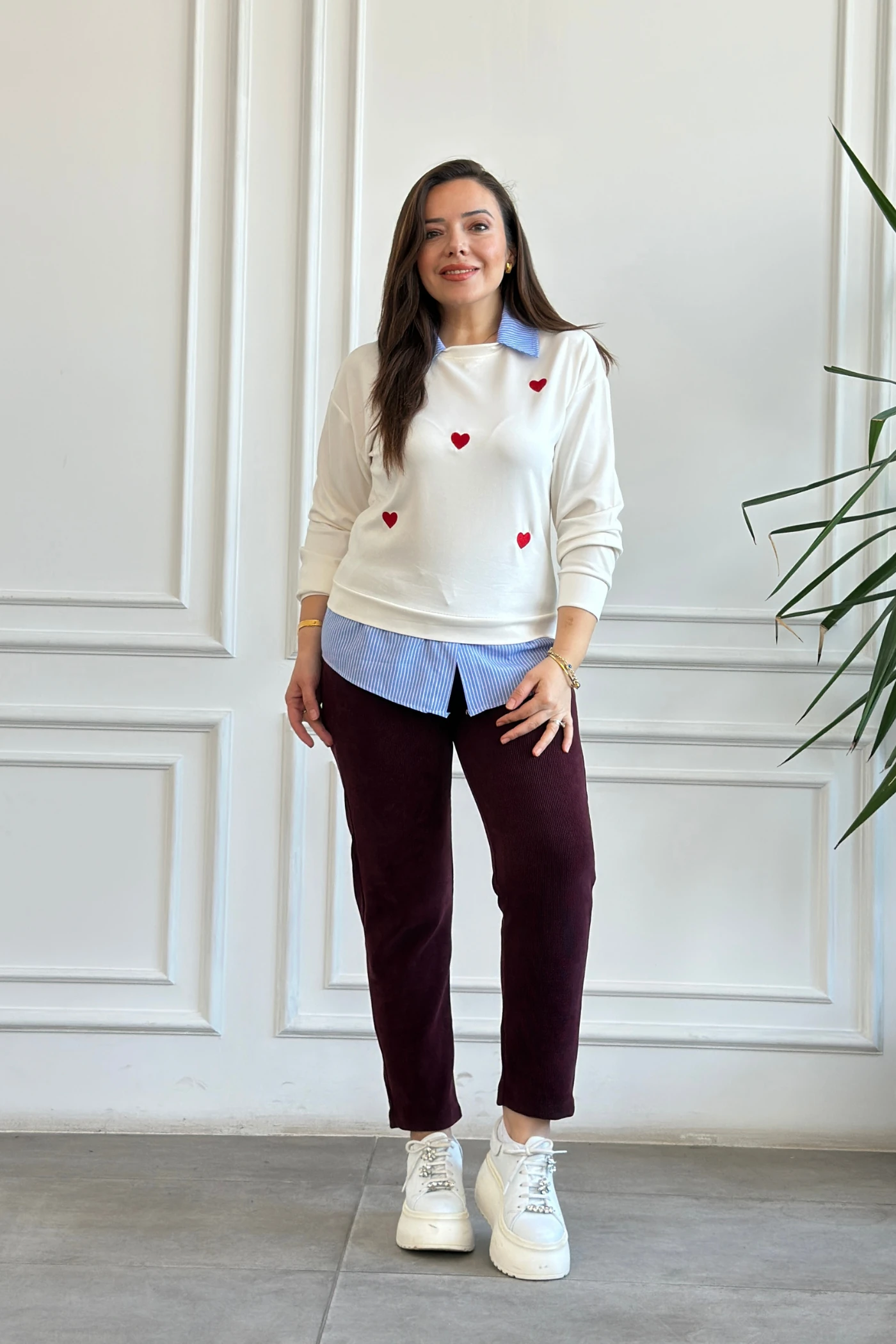 Beli Lastikli Kadife Dar paça Pantolon - BORDO