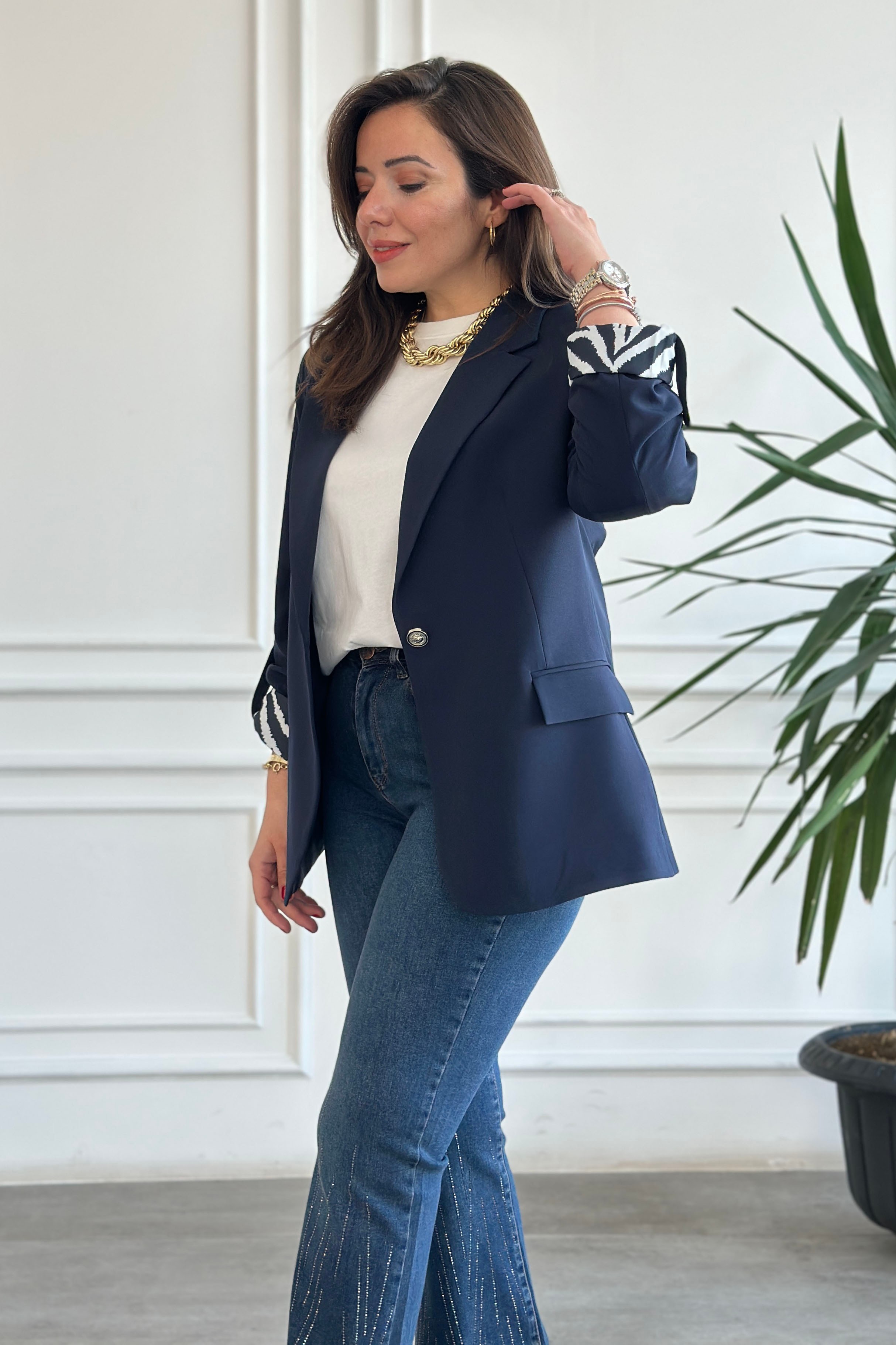Yarım Astarlı Zebra Garnili Blazer Ceket - LACIVERT