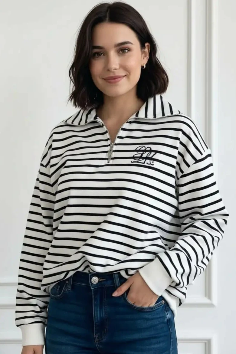 Polo Yaka Fermuar Detaylı Çizgili Sweat