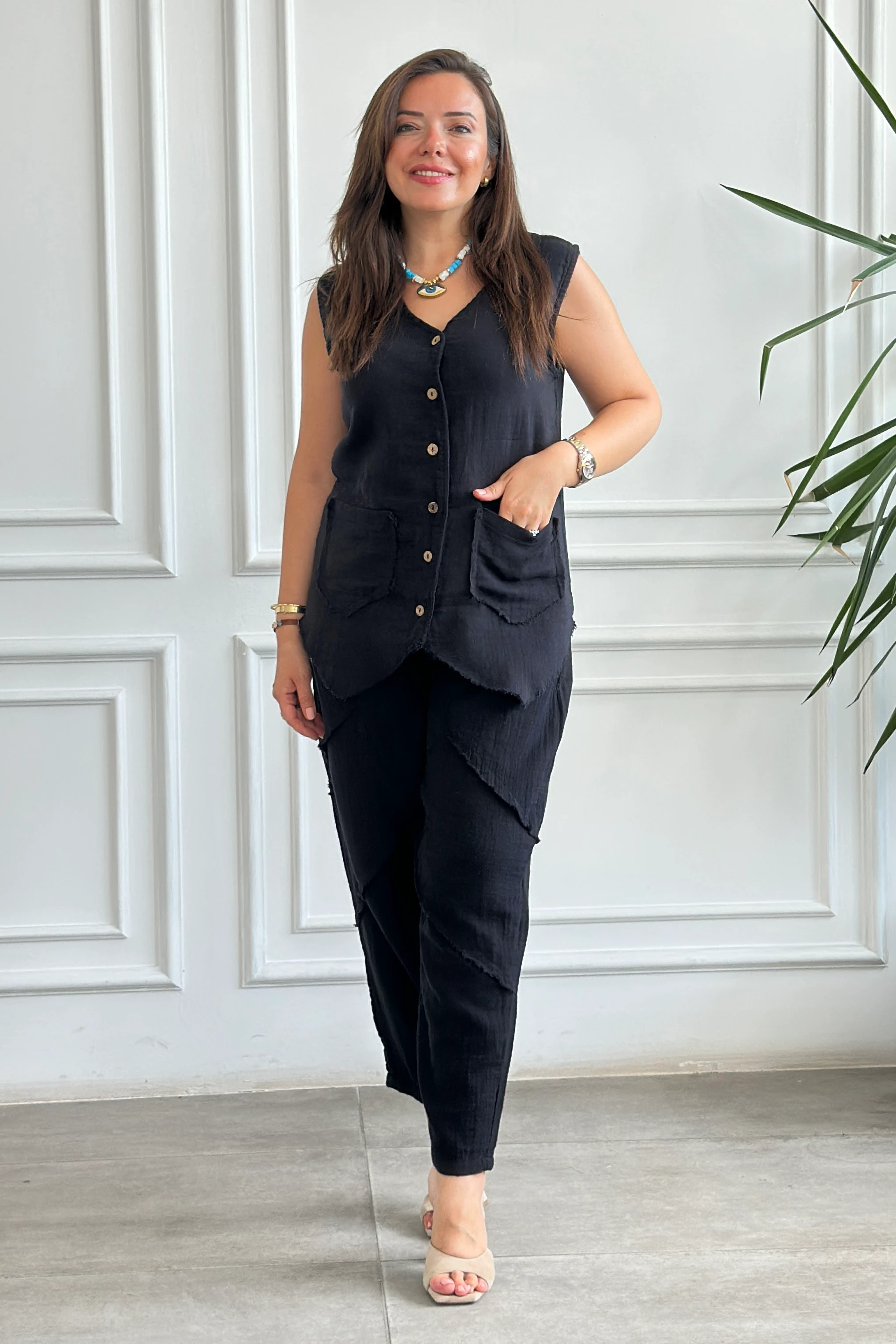 Önden Düğme Detaylı Cepken Yelek - SIYAH