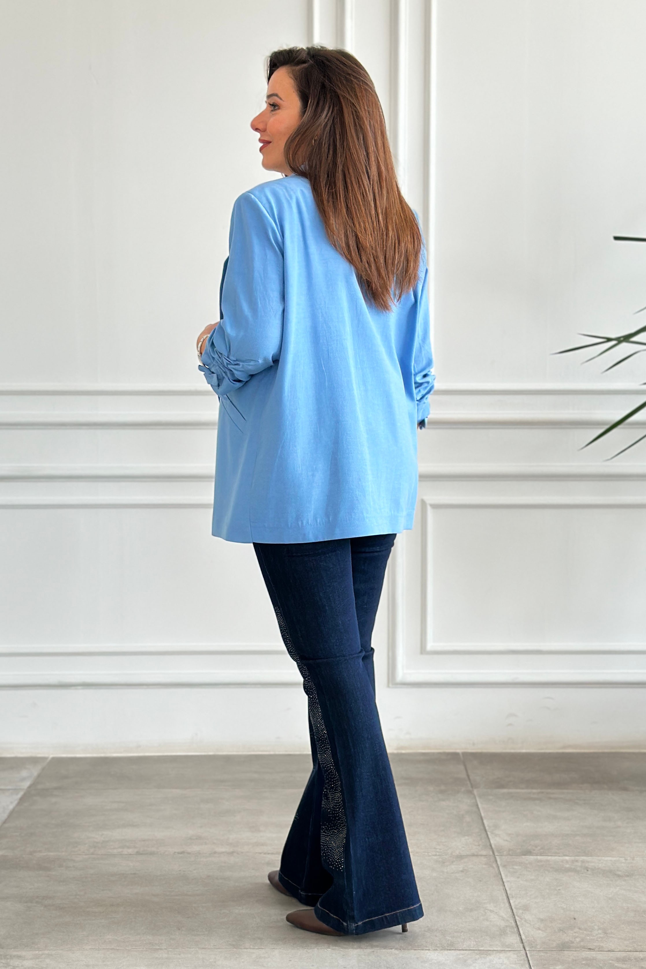 Kolları Büzgülü Blazer Ceket - MAVI