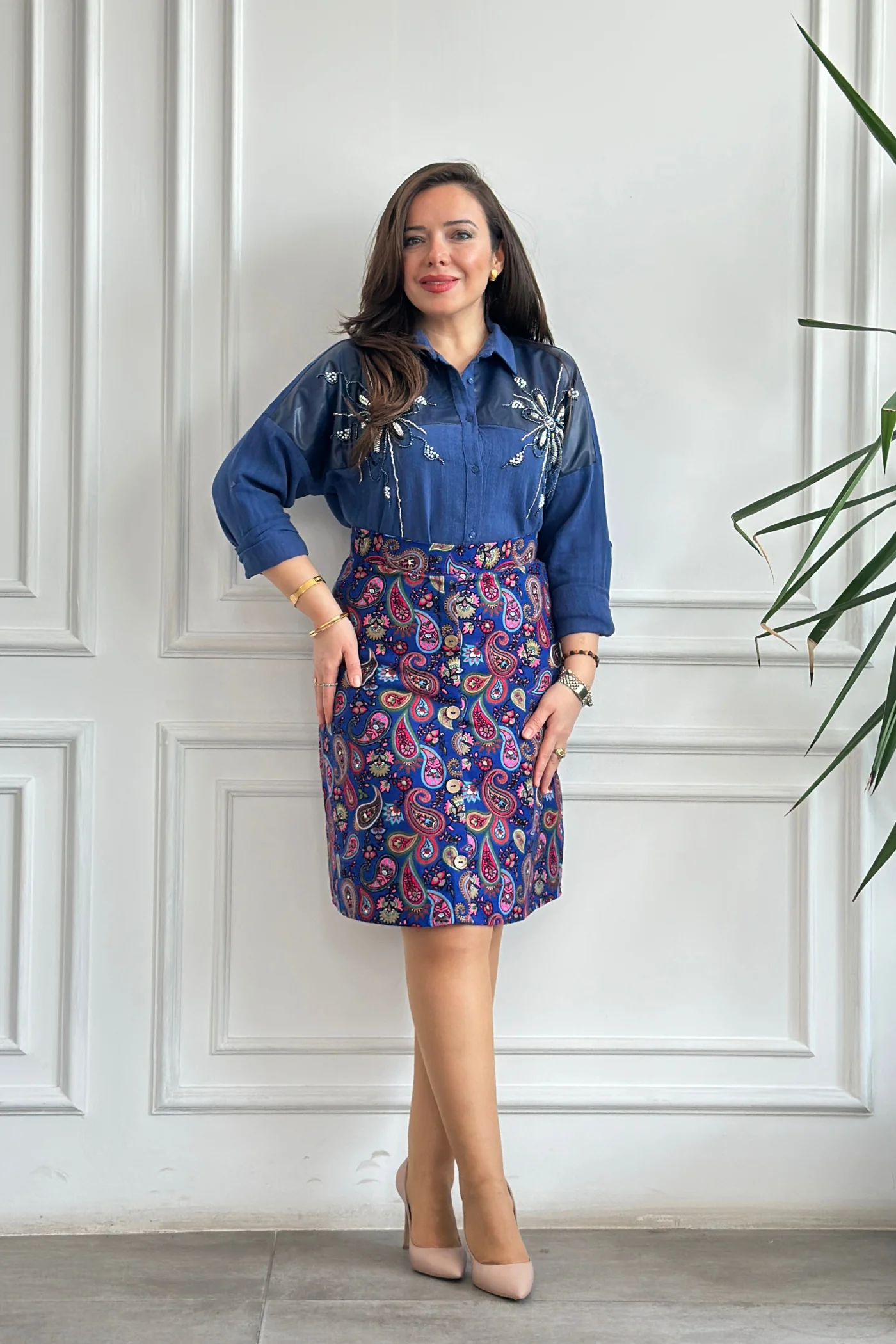 Önü Süs Düğme Detaylı Pazen Çan Etek - SAKS PEMBE