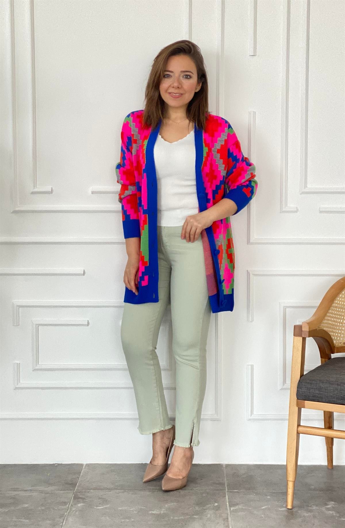Renkli Kilim Desen Triko Hırka