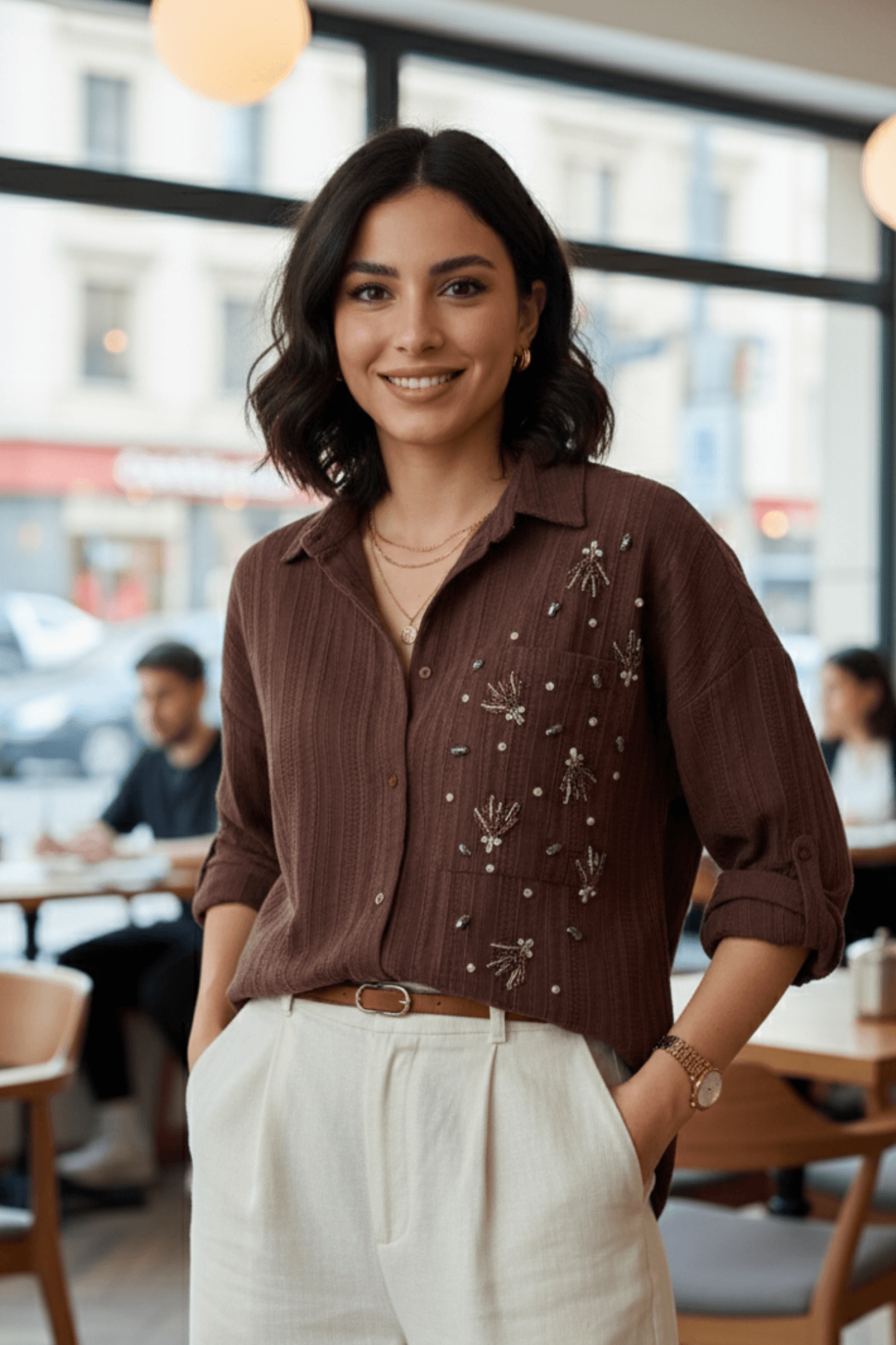 Kendinden Desenli Cebi Taş Ve Boncuk İşlemeli Gömlek