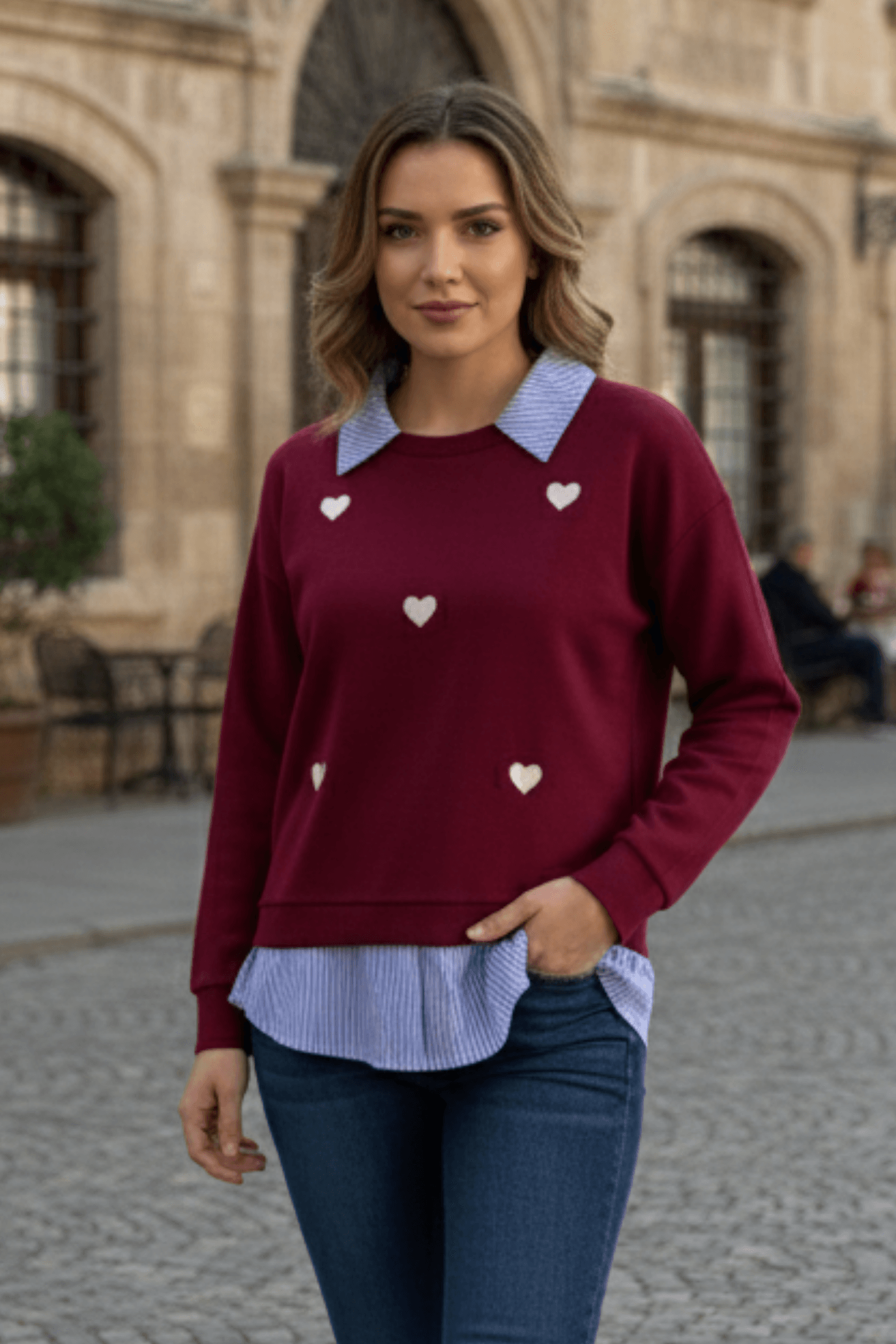 Kalp Nakışlı Polo Yaka Gömlek Detaylı Sweat - BORDO