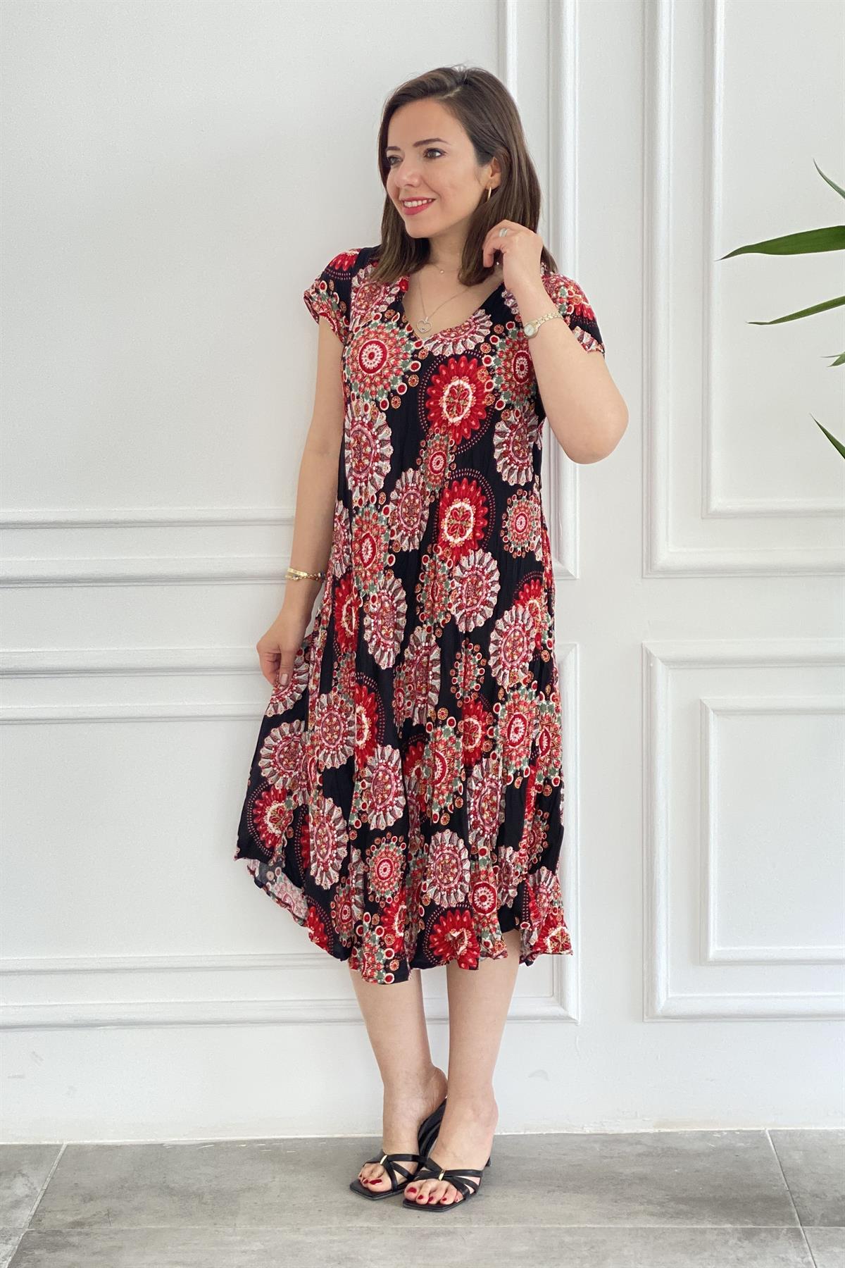 Mandala Desenli Ütü İstemeyen Penye Elbise