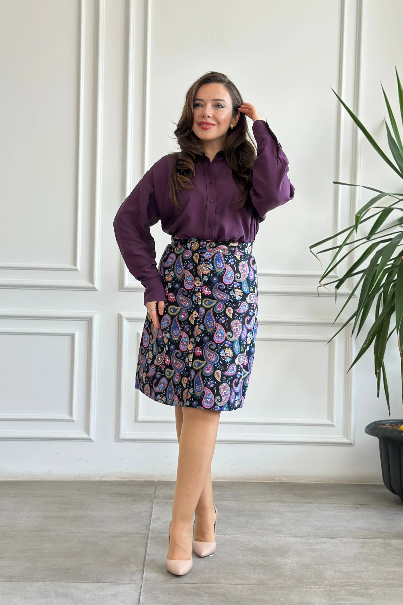 Önü Süs Düğme Detaylı Pazen Çan Etek - PEMBE MAVI