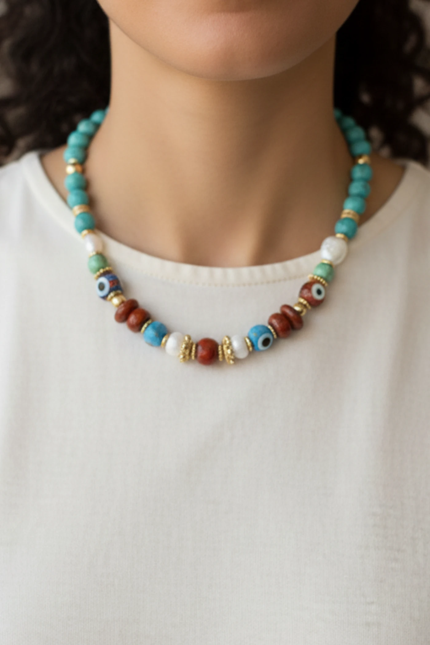 KLY60 Burç Madalyon Uçlu İnci Ve Boncuk Doğal Taş Kolye 