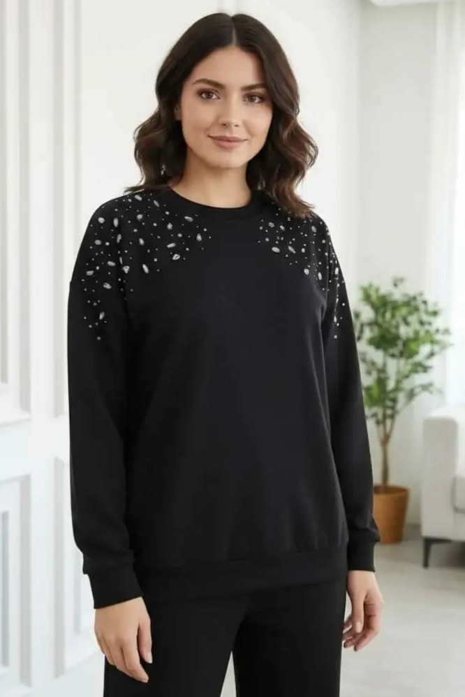 Omuzları Taş İşlemeli Sweat