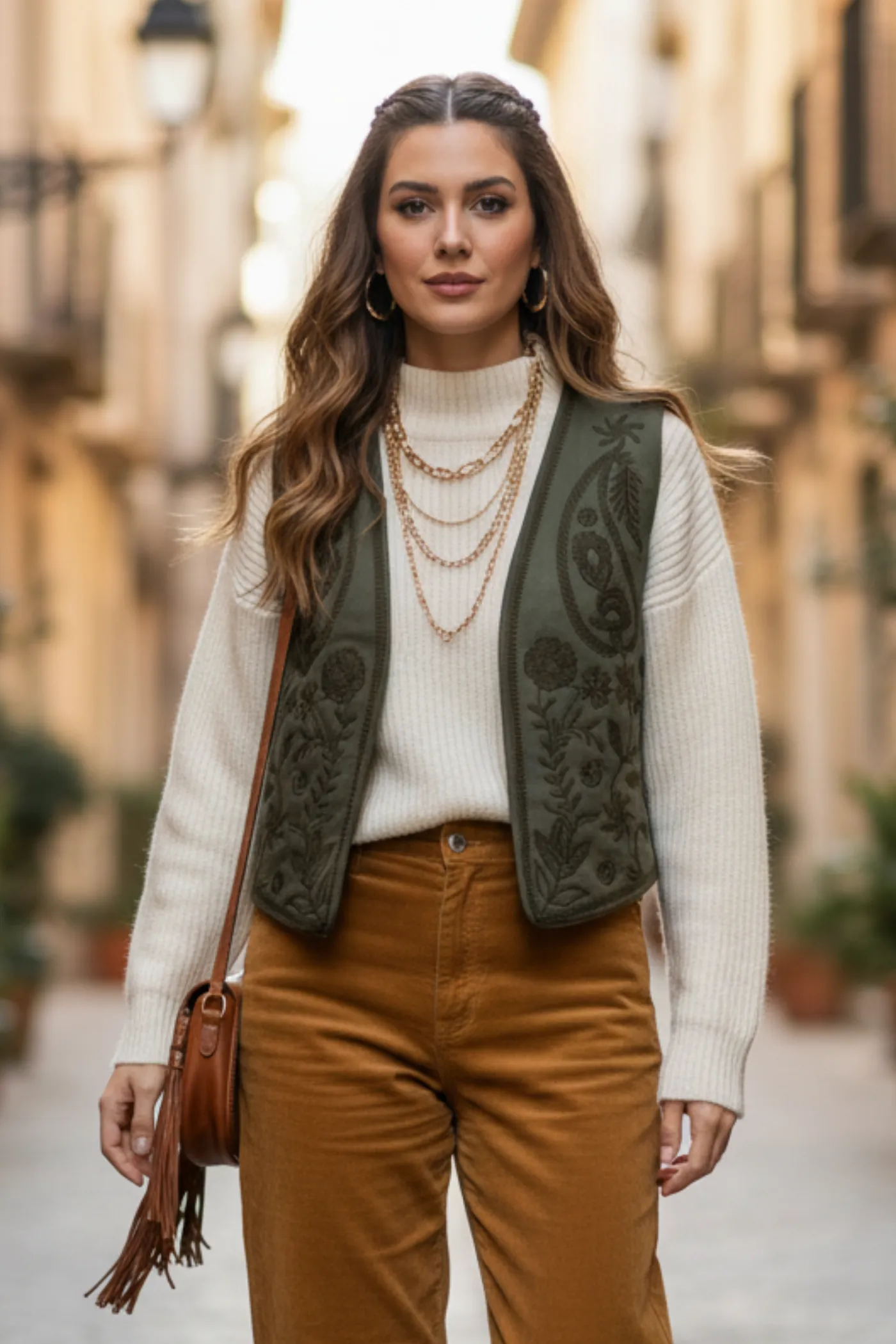 Nakış İşlemeli Nubuk Yelek - HAKI