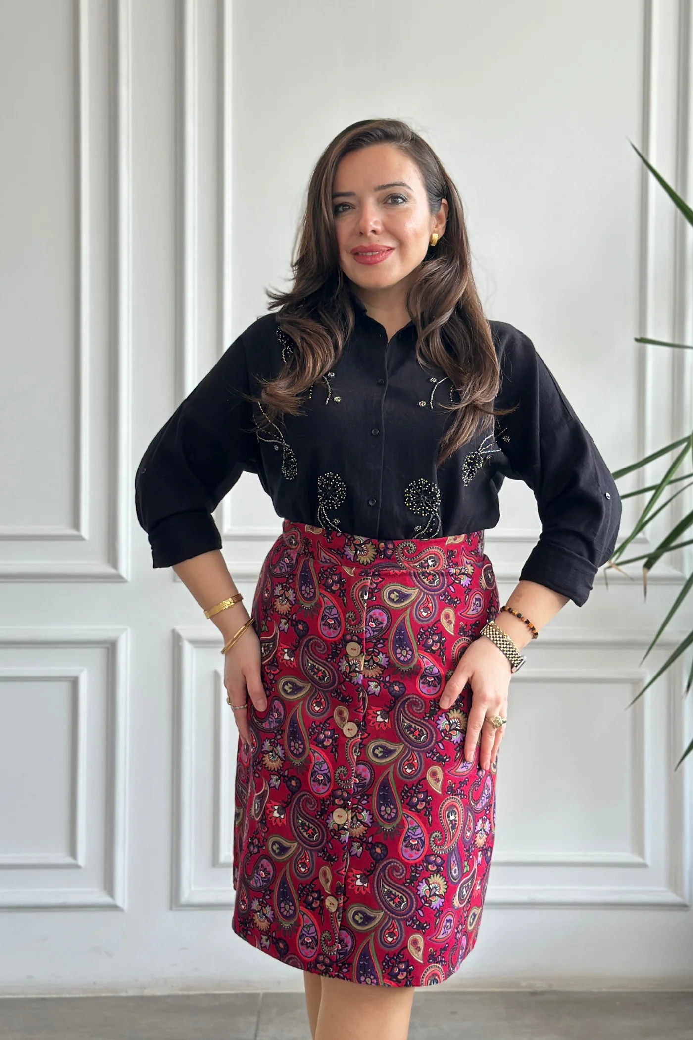 Önü Süs Düğme Detaylı Pazen Çan Etek - FUSYA MOR