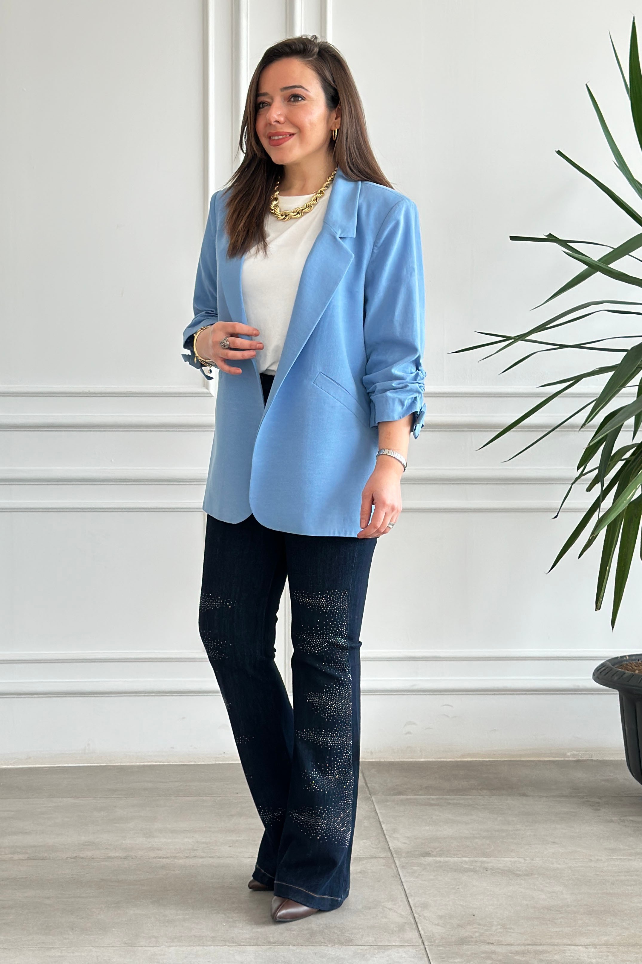 Kolları Büzgülü Blazer Ceket - MAVI