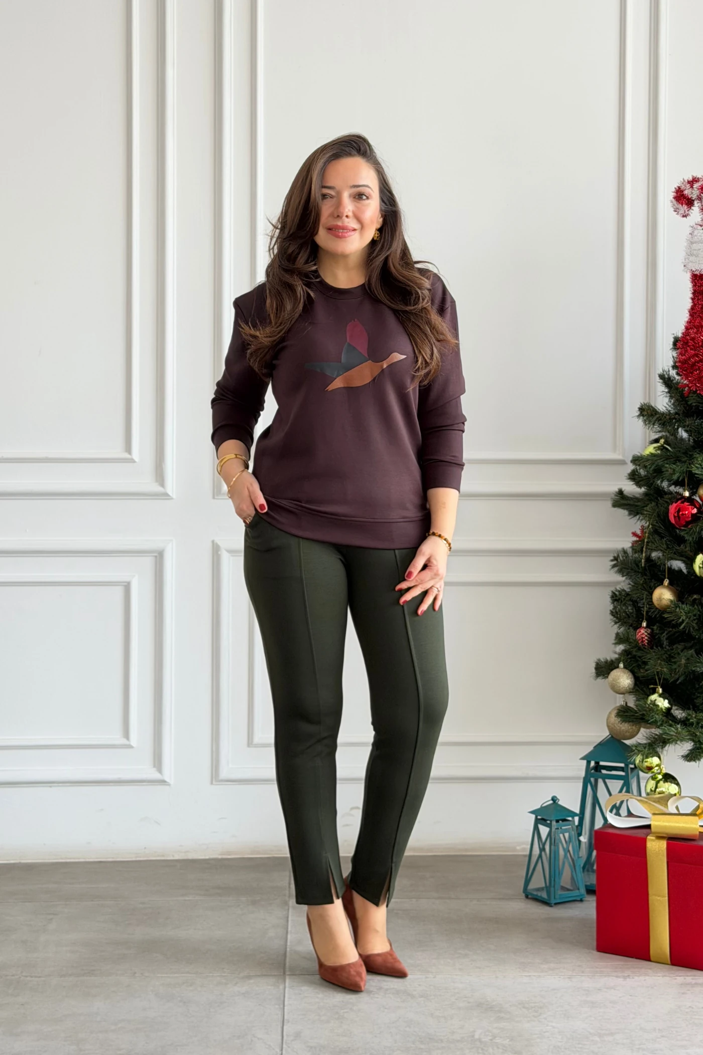 Önü Kuş Baskılı Sweat  - KAHVERENGI