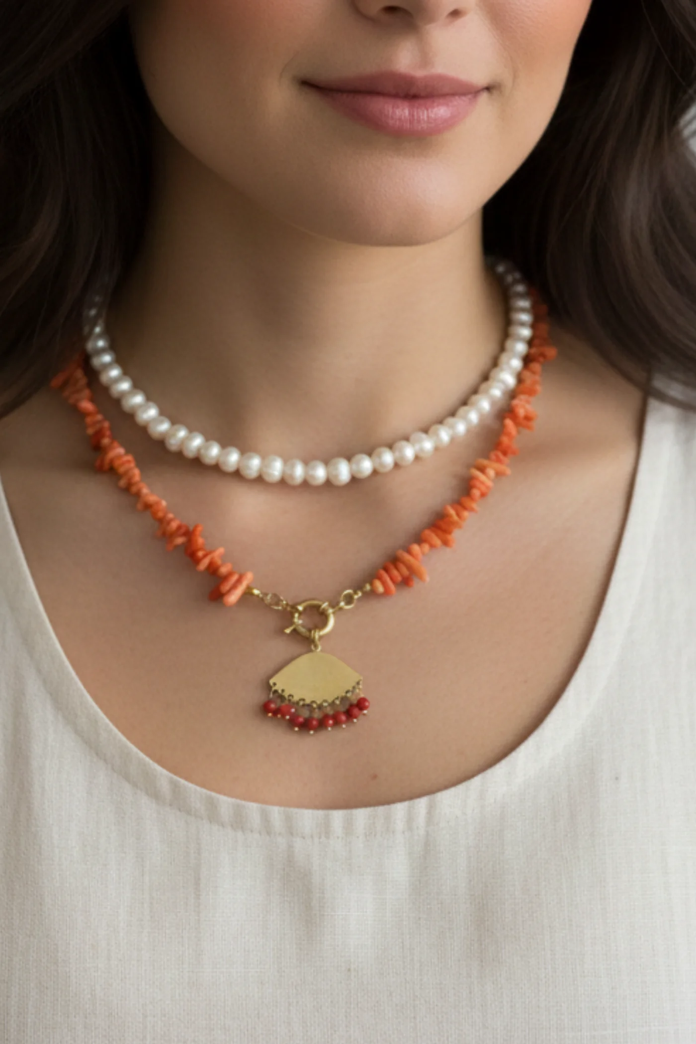 KLY49 Sedef Mercan İkili Doğal Taş Kolye 