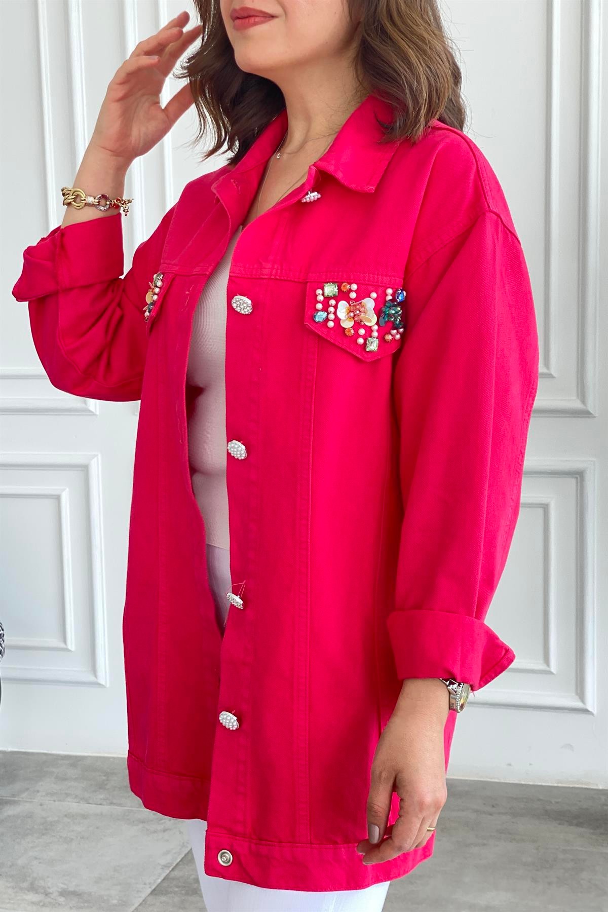 Cepleri Ve Düğmesi Taş Detaylı Gabardin Ceket