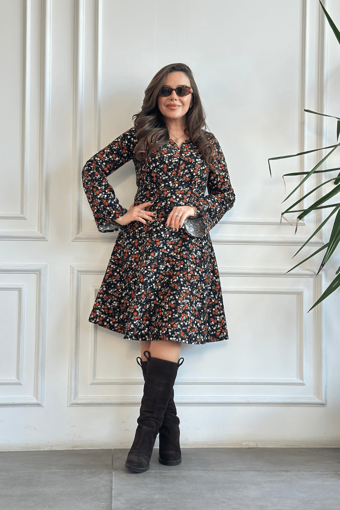 Önden Düğme Detaylı Asimetrik Kol Elbise - KIREMIT