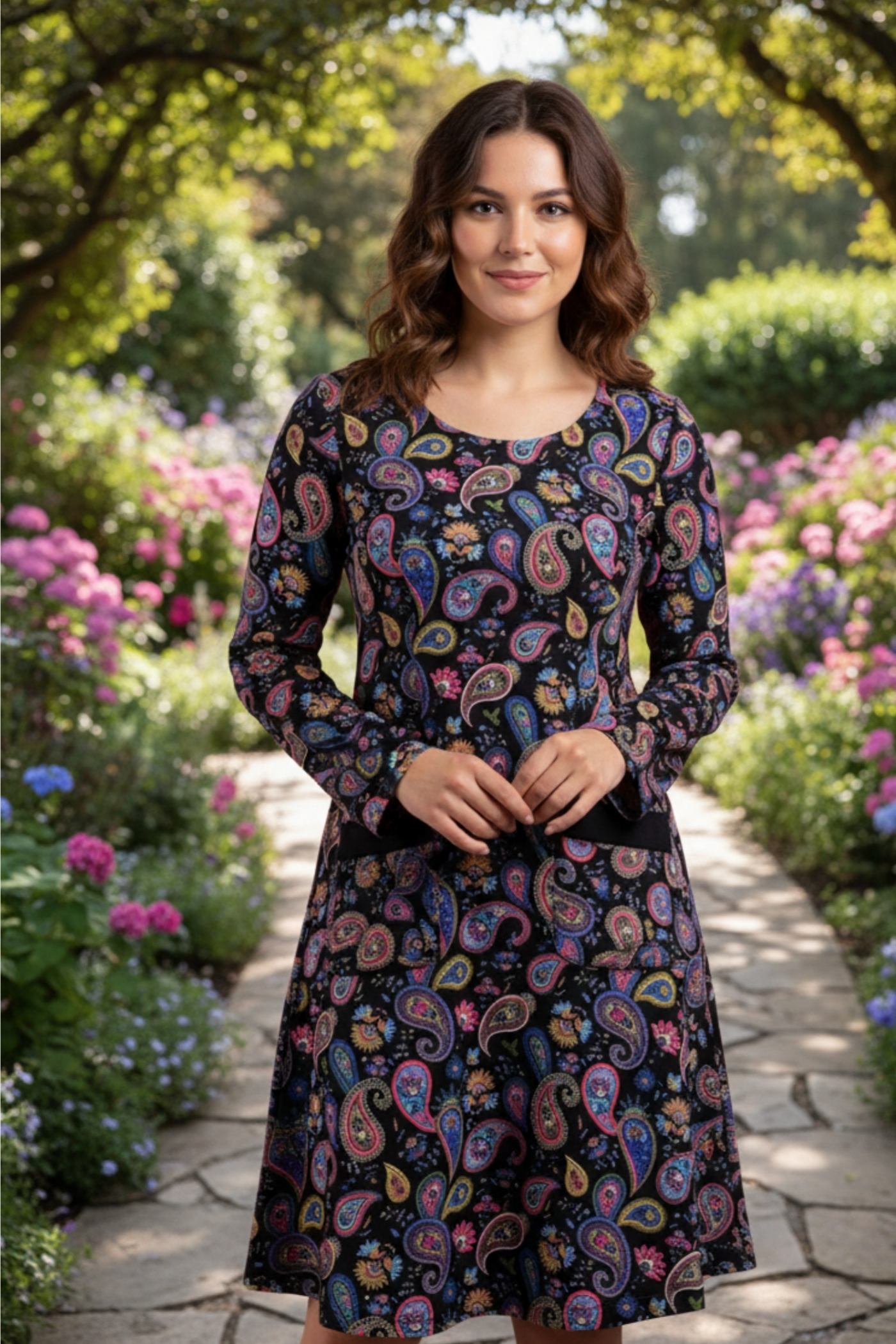 Oval Yaka Yanları Cep Detaylı Pazen Çan Elbise - PEMBE MAVI