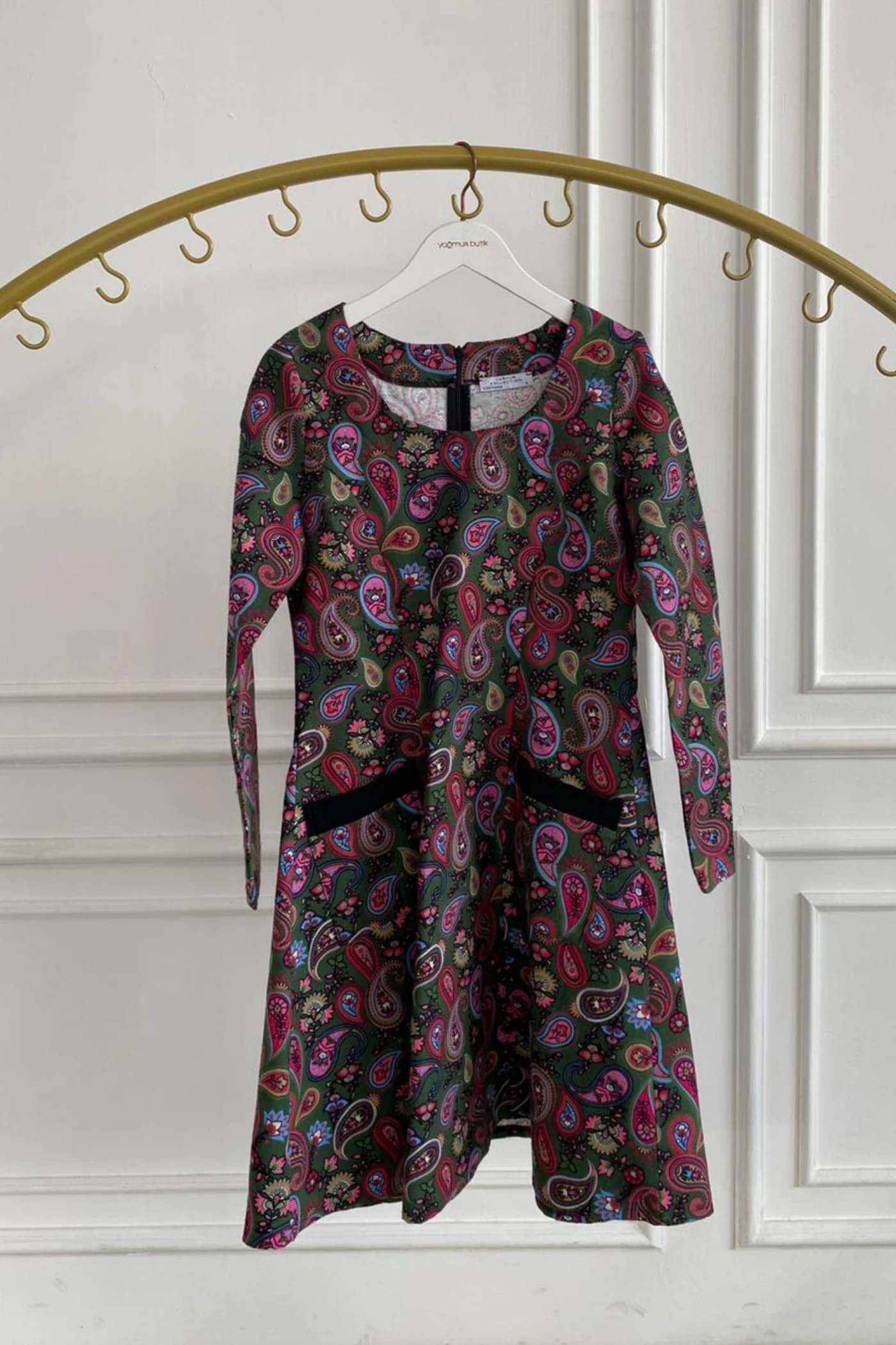 Oval Yaka Yanları Cep Detaylı Pazen Çan Elbise - PEMBE HAKI