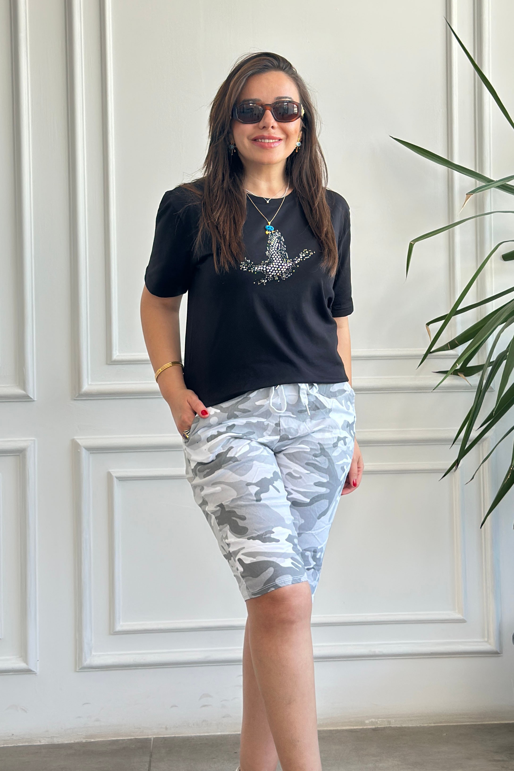 Kuş Desen Taşlı T-Shirt