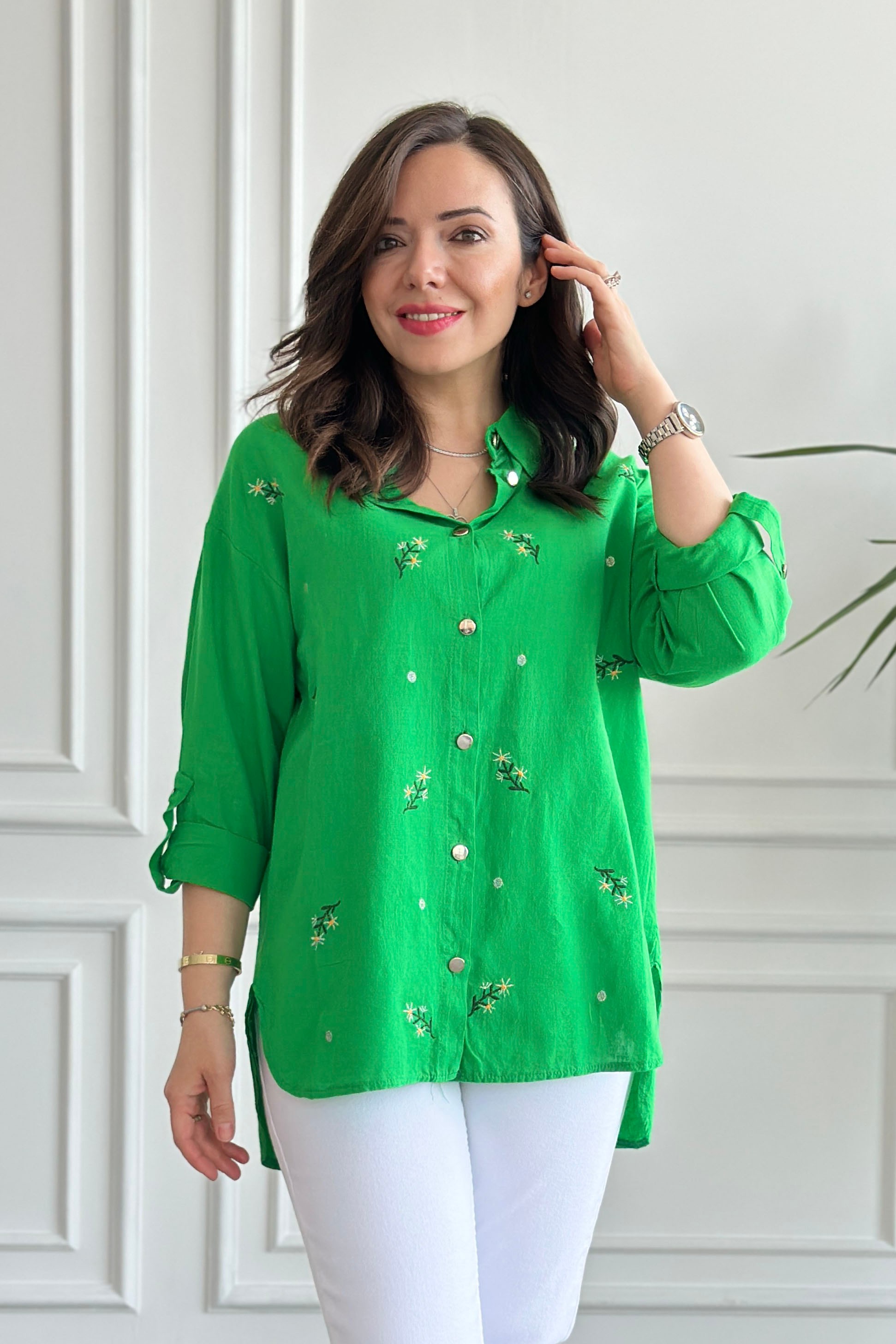 Papatya Nakış İşlemeli Gömlek - Yeşil