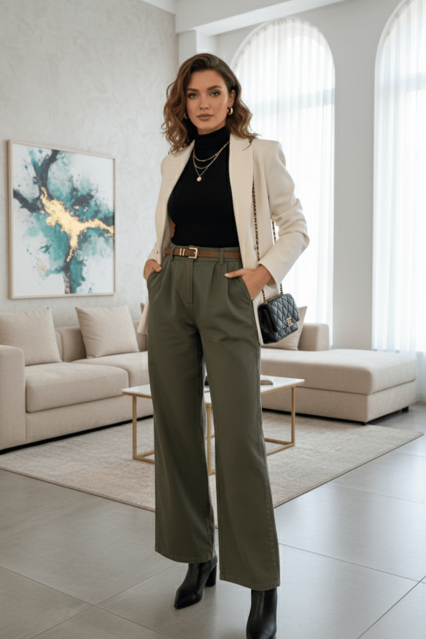 Beli Lastikli Kemerli Bol Paça Pantolon - HAKI