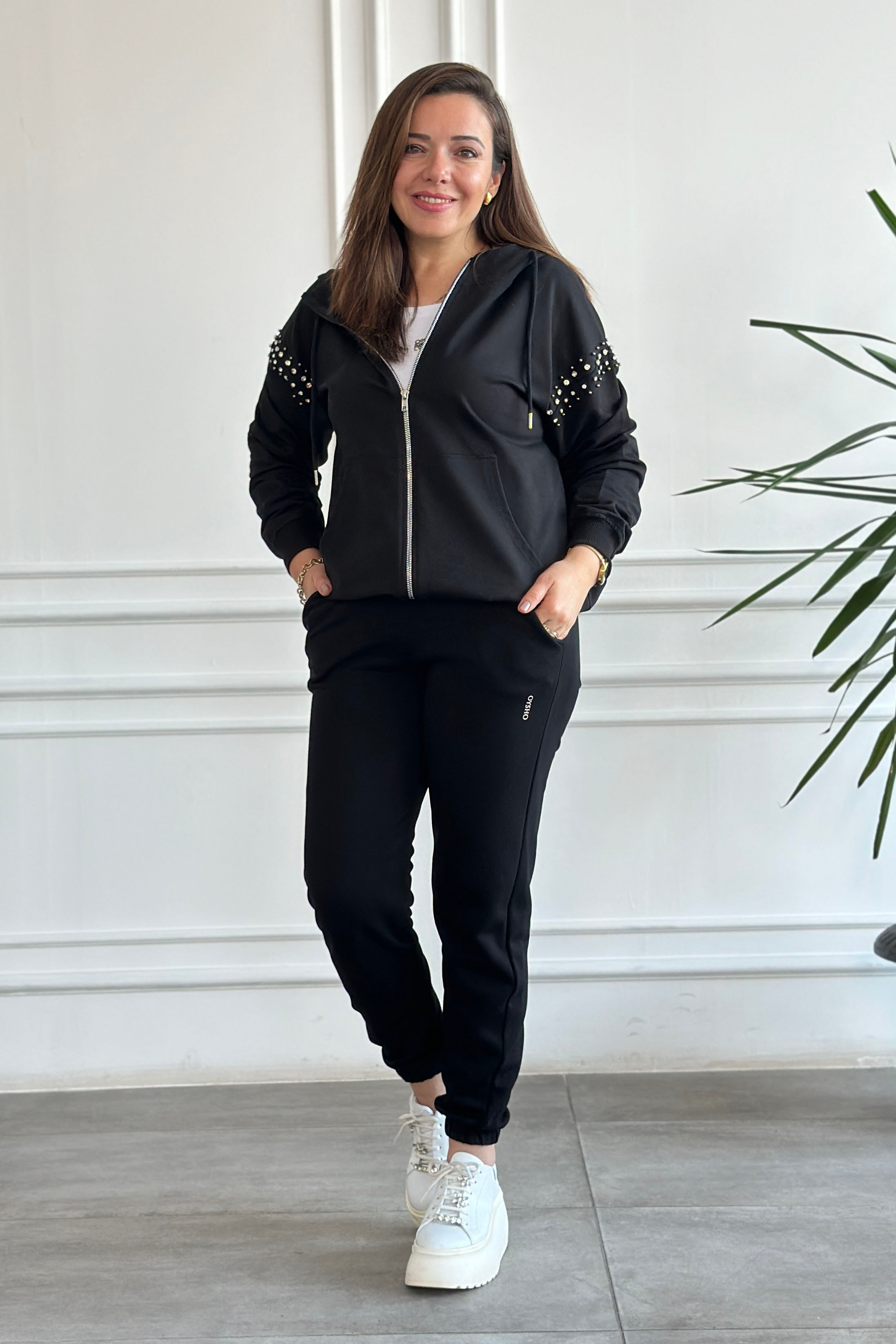 Kolları Taşlı Önden Fermuarlı Sweat Ceket - SIYAH