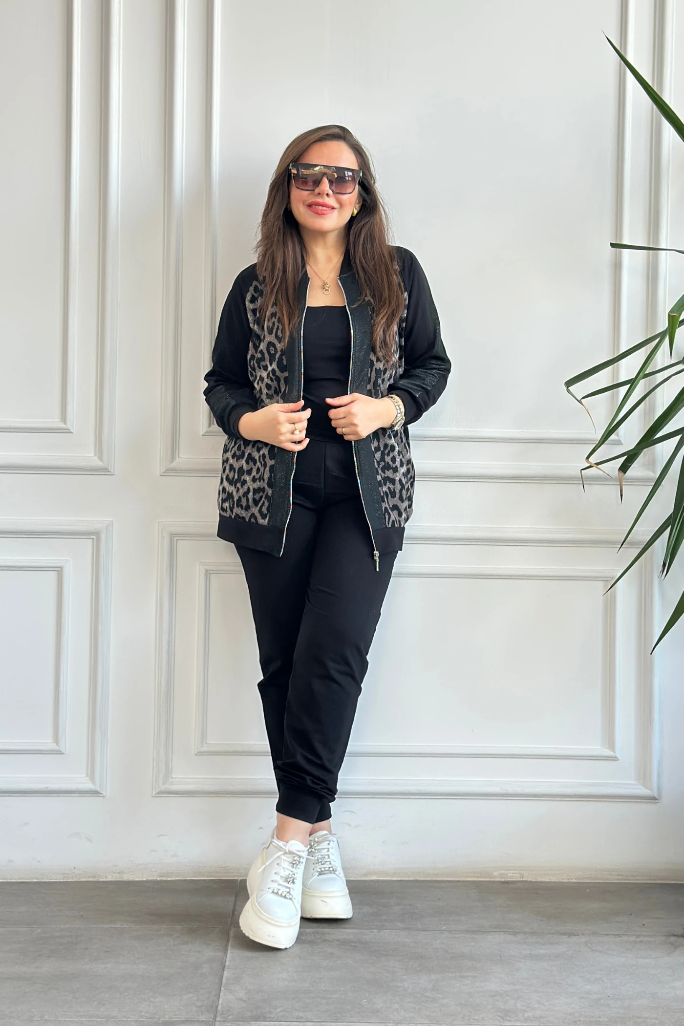 Leopar Detaylı Fermuarlı Eşofman Takımı  - SIYAH