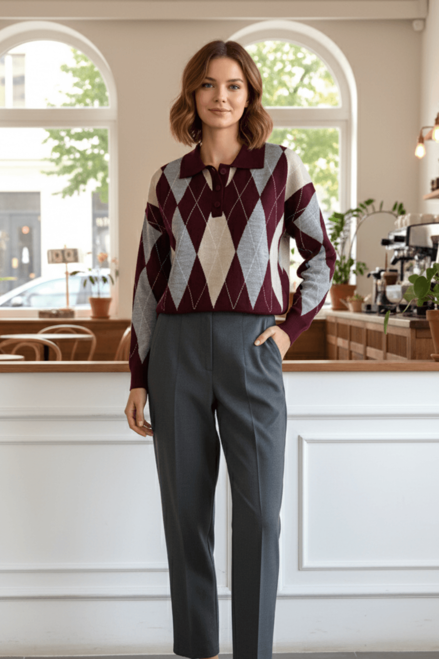 Baklava Desen Düğme Detaylı Triko