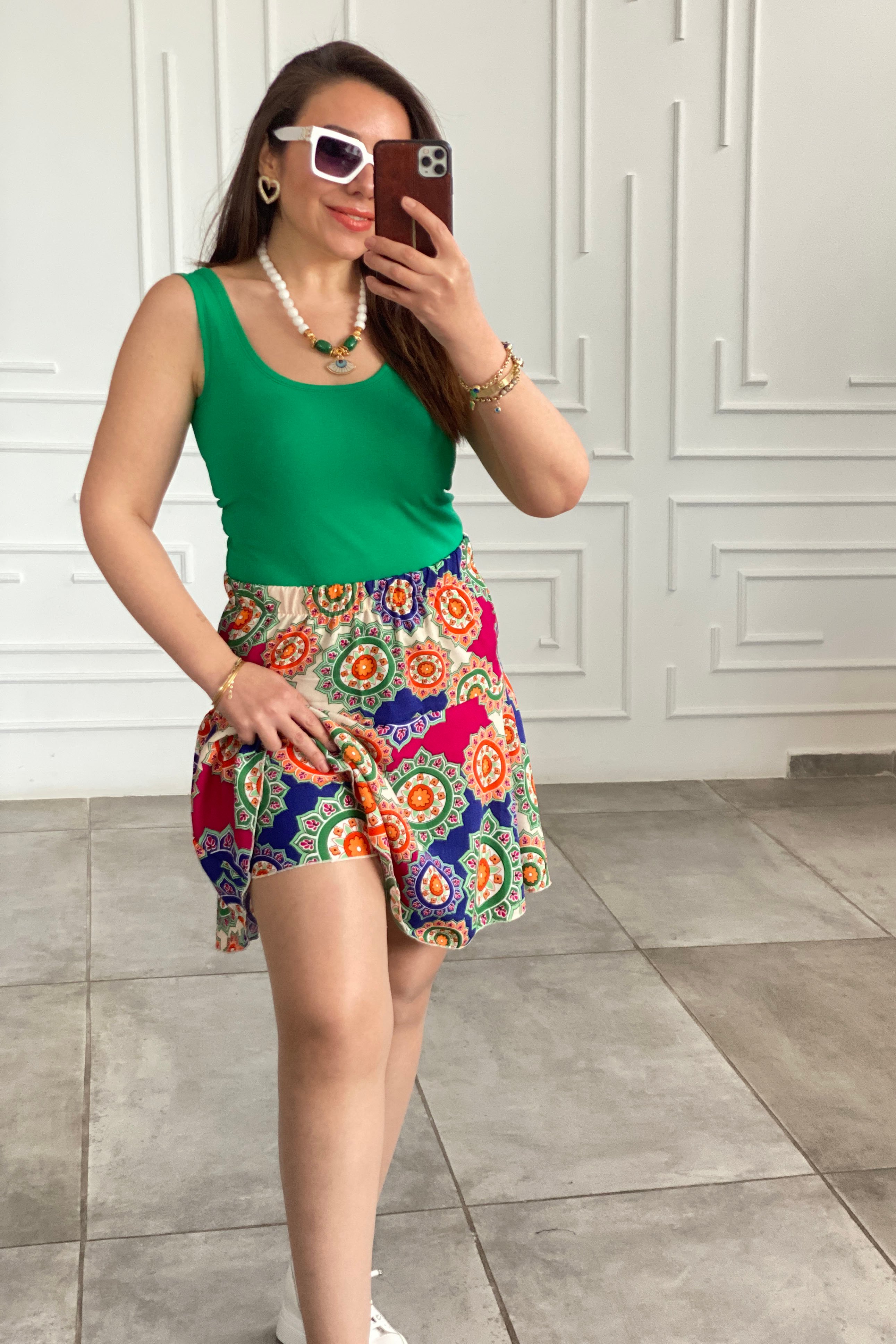 Karışık Desenli Viscon Şort Etek  - FUSYA MANDALA