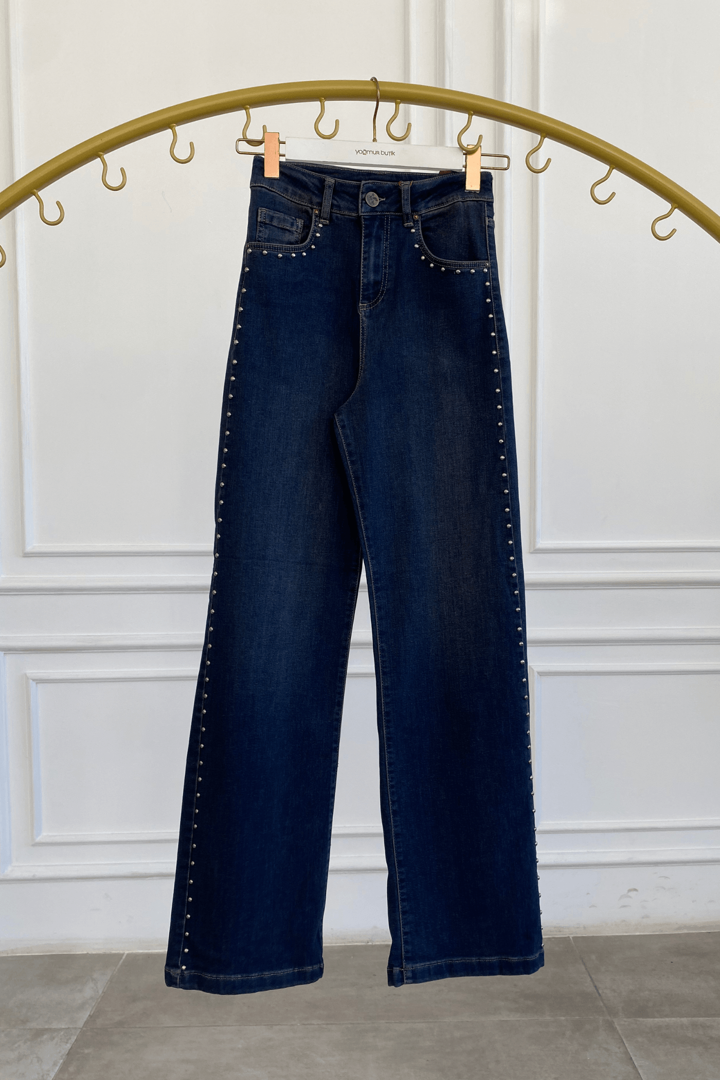 Cep Ve Yanları Drop Taş Detaylı Palazzo Kot Pantolon