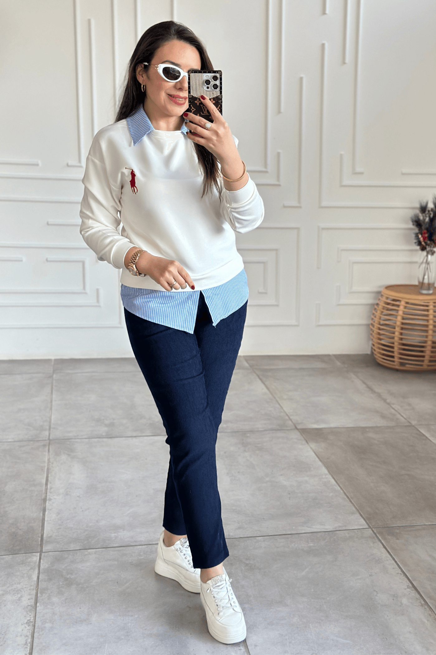Polo Yaka Çizgili Gömlek Detaylı Sweat