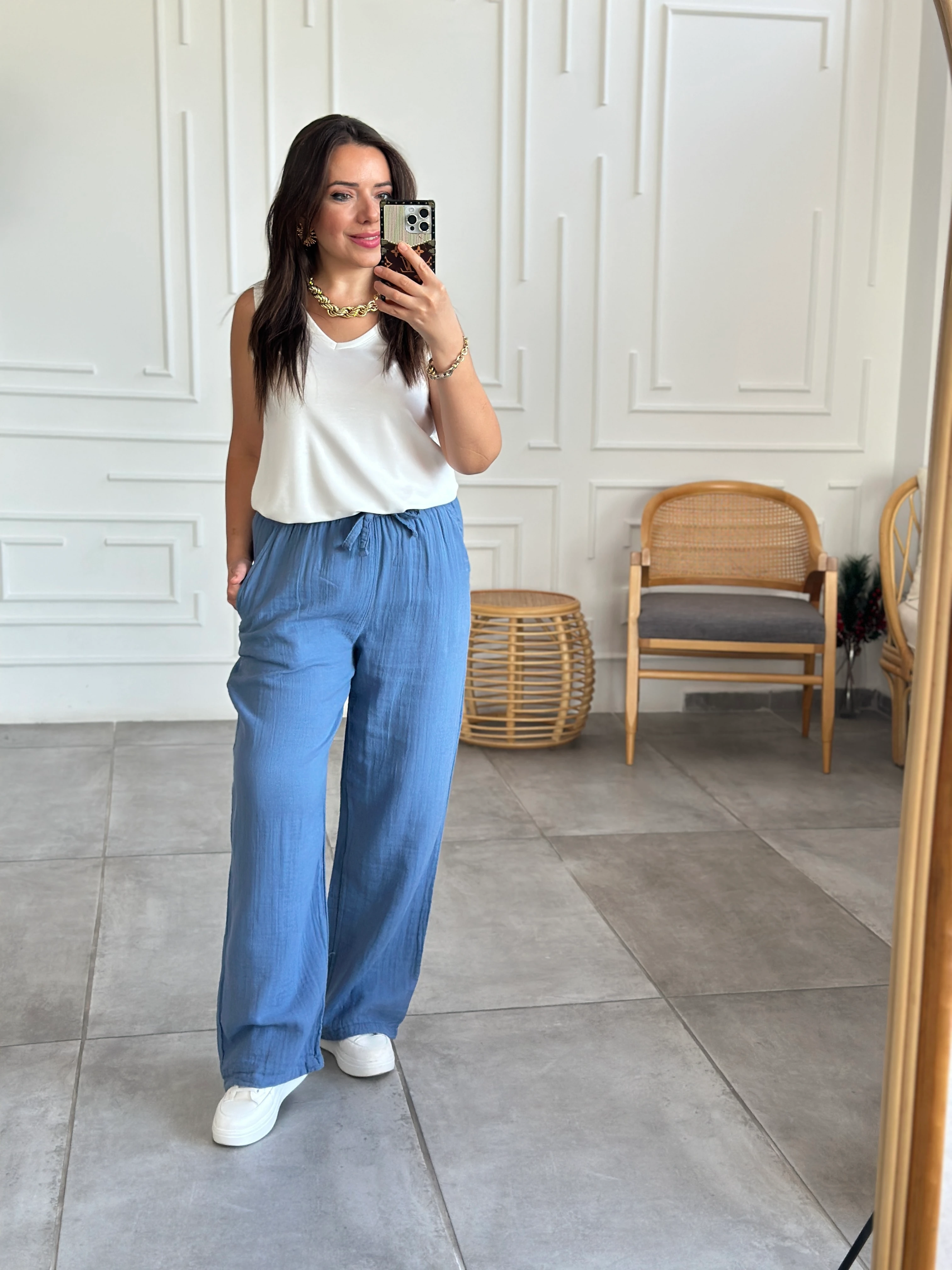 Beli Lastikli Bol Paça Müslin Pantolon - INDIGO