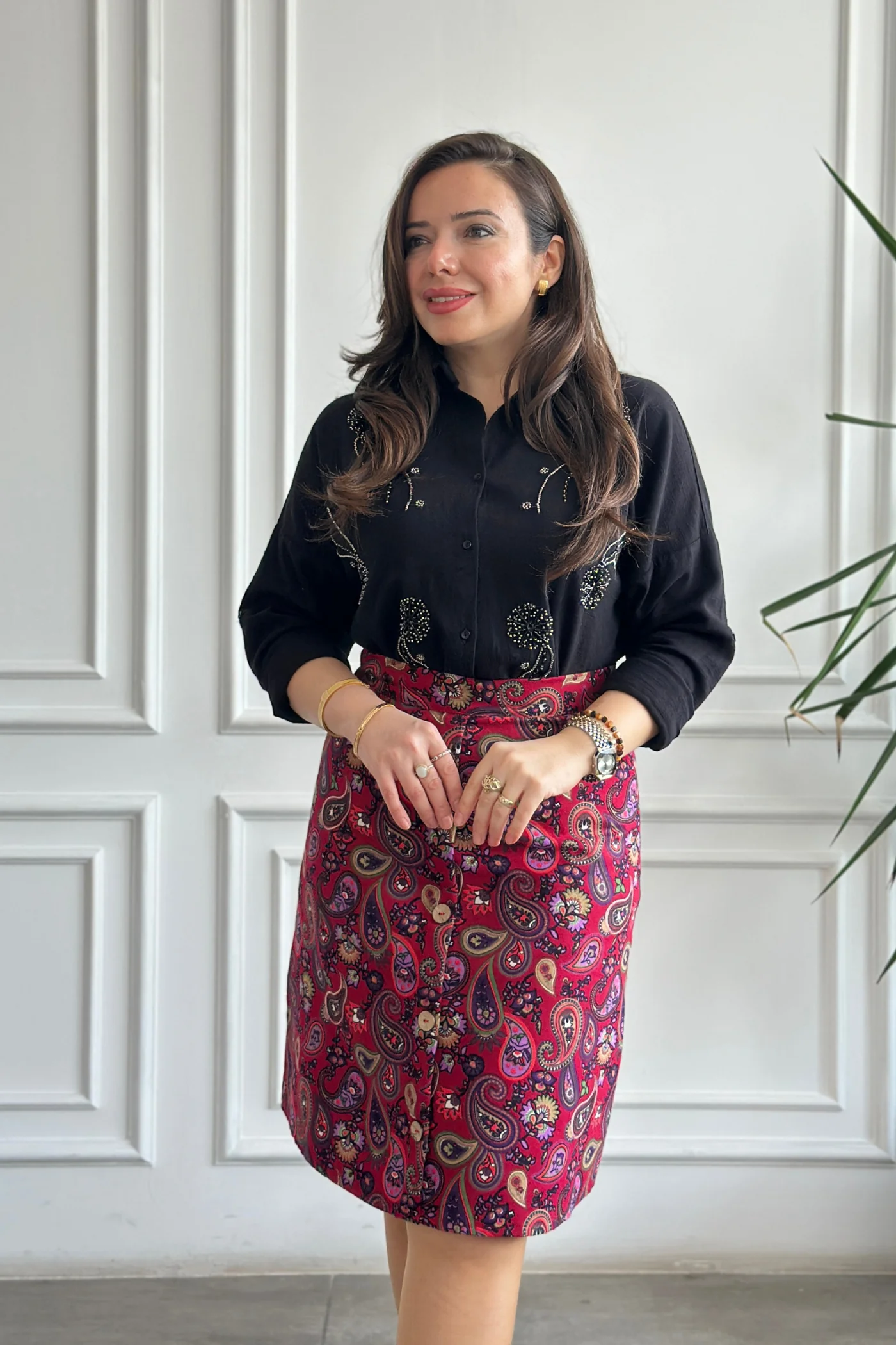 Önü Süs Düğme Detaylı Pazen Çan Etek - FUSYA MOR