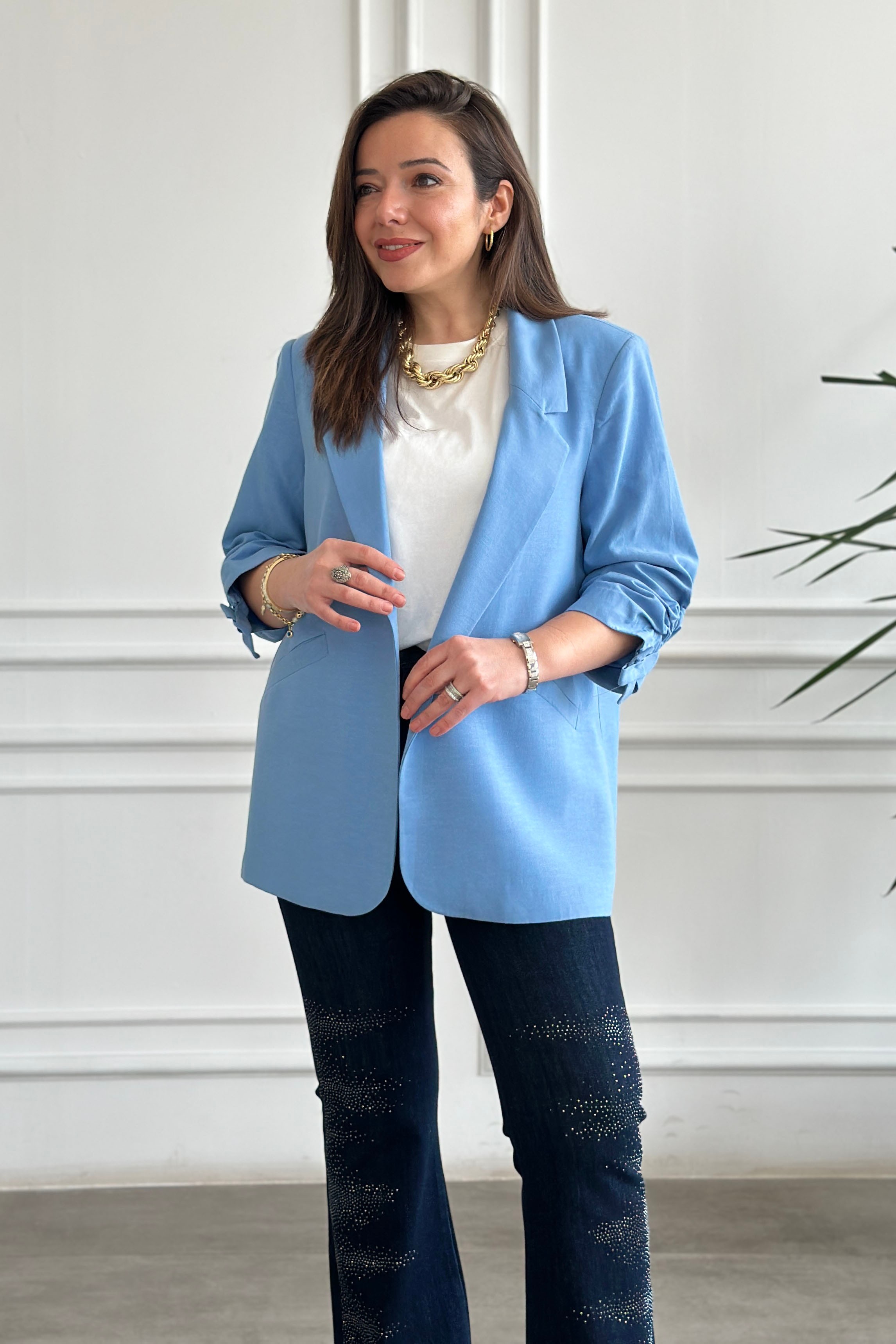 Kolları Büzgülü Blazer Ceket - MAVI
