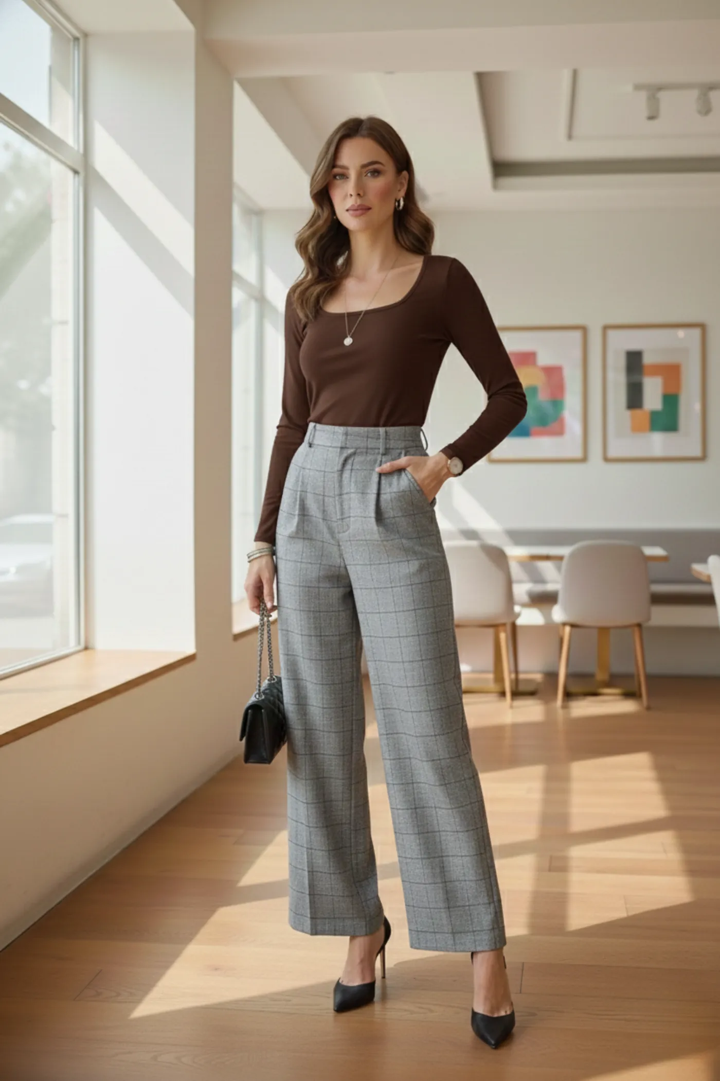 Kare Yaka Uzun Kollu Badi - KAHVERENGI