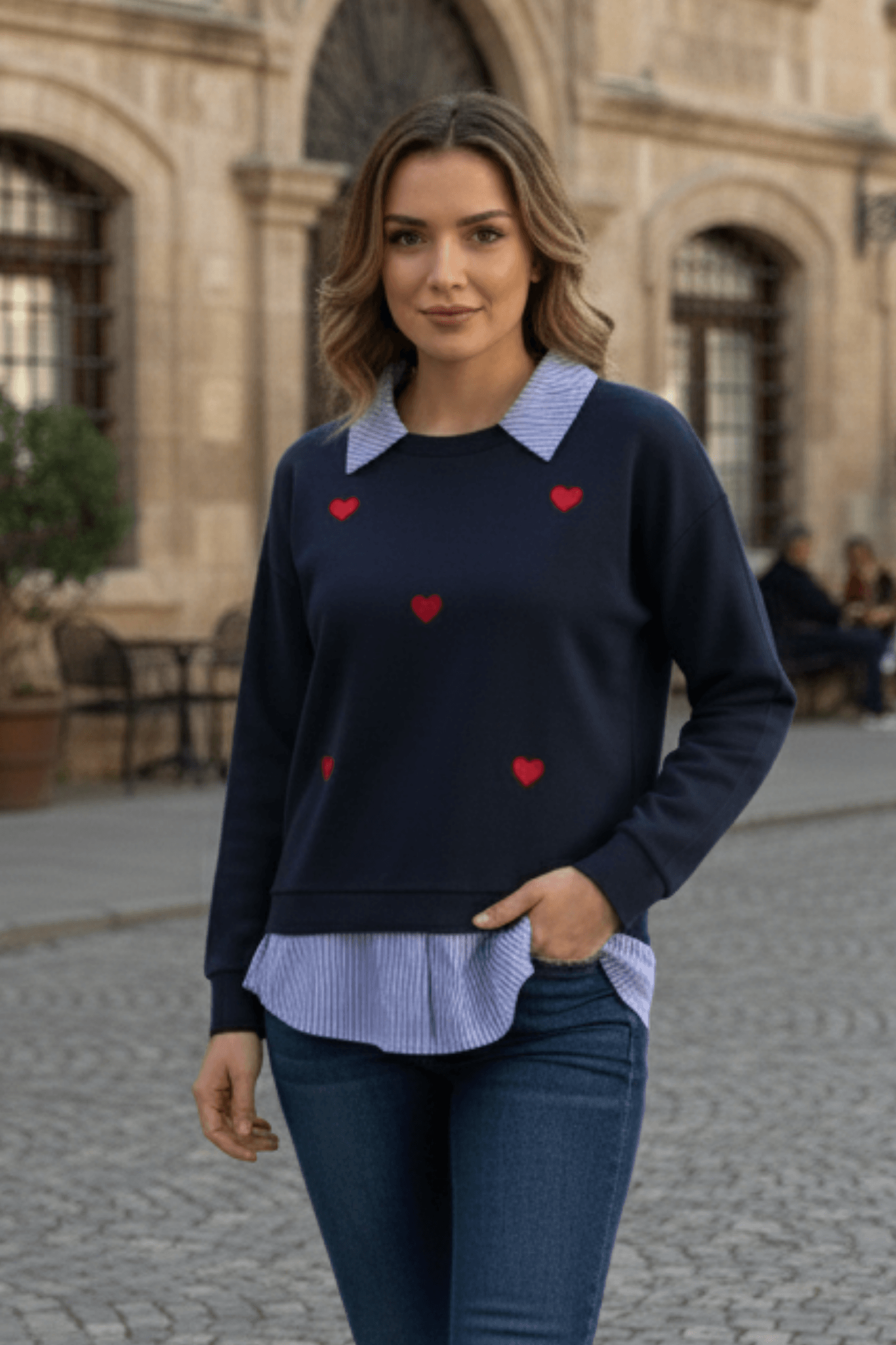 Kalp Nakışlı Polo Yaka Gömlek Detaylı Sweat - LACIVERT