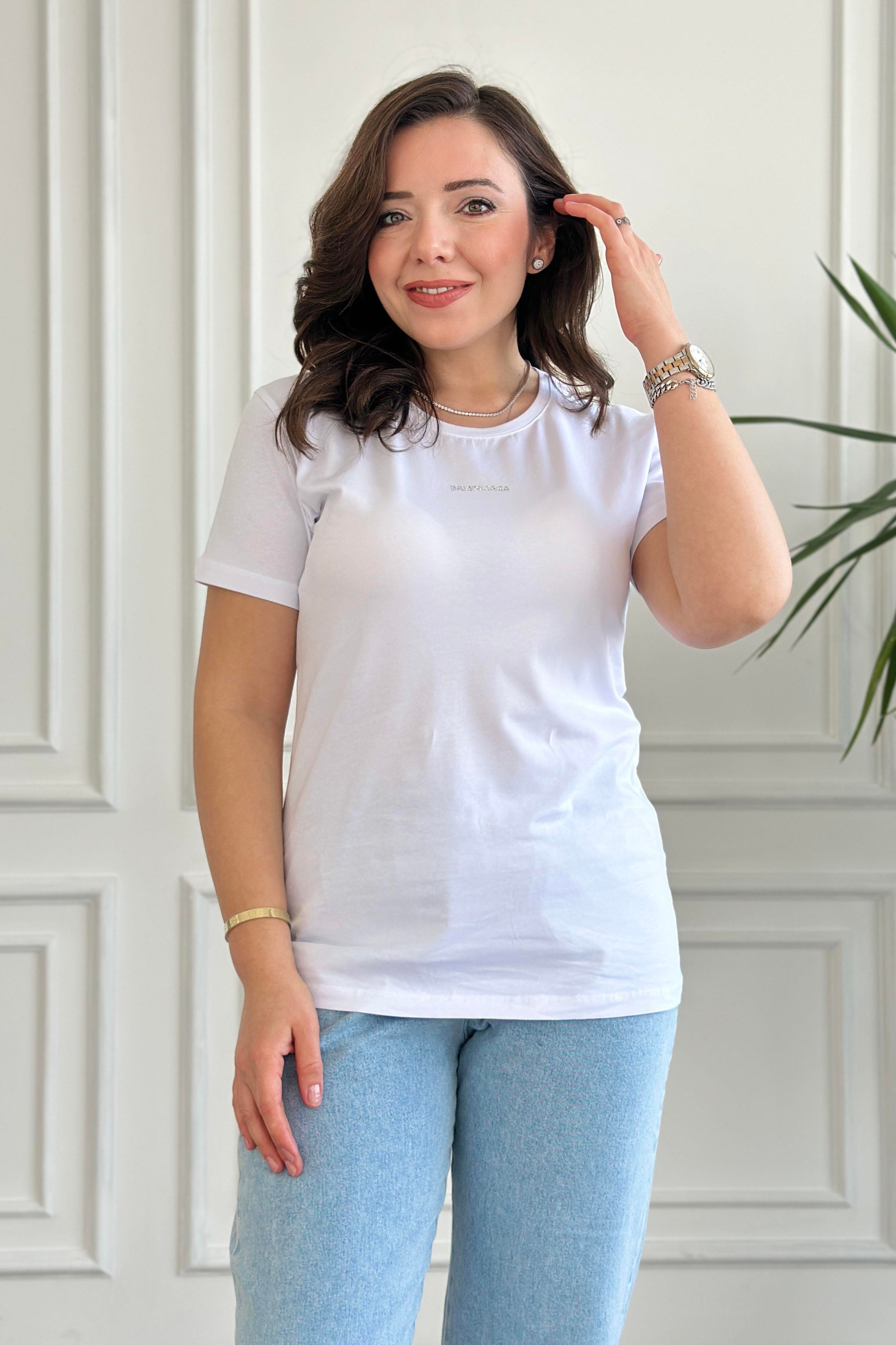 Bisiklet Yaka Önü Yazı Taş Baskılı T-Shirt