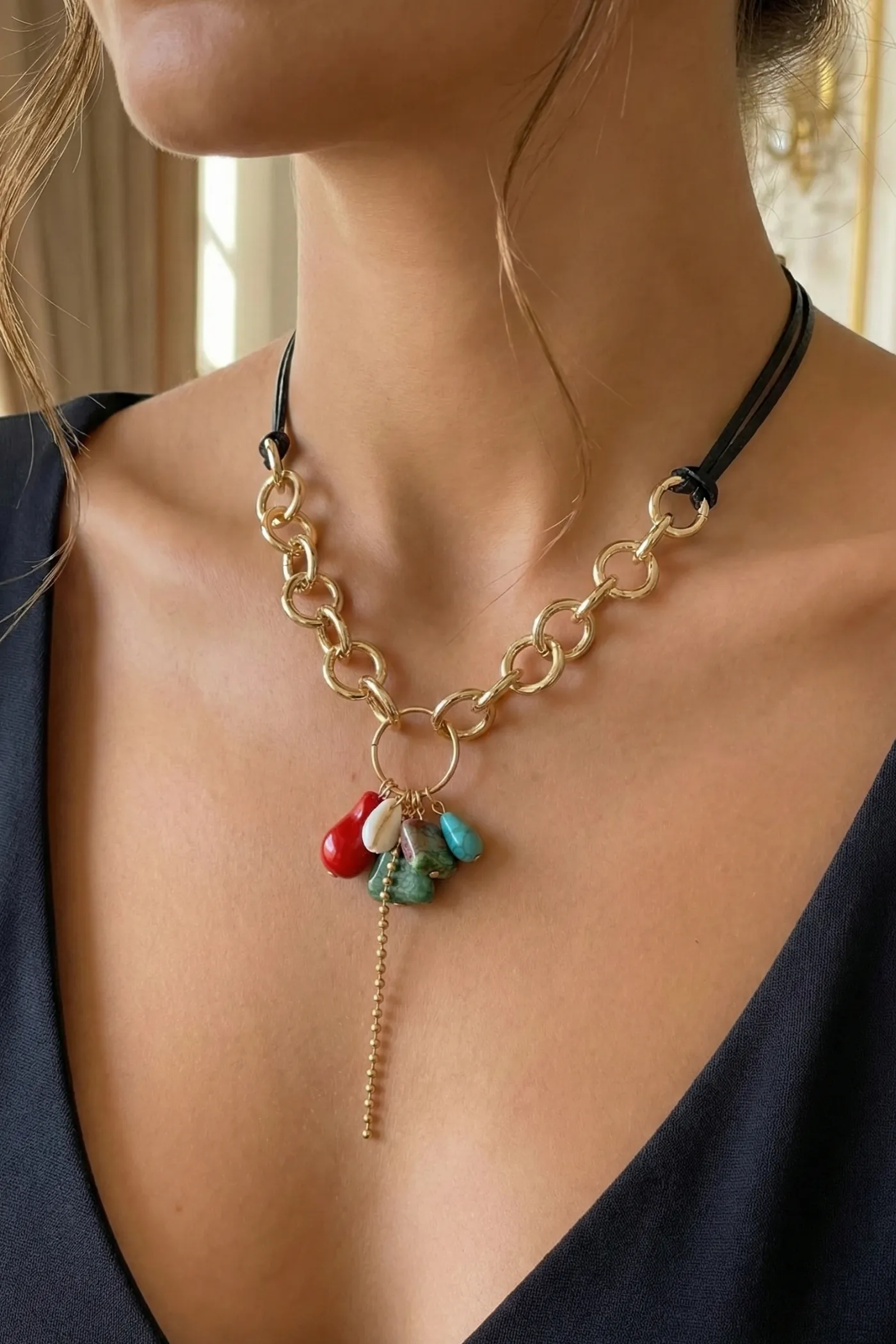 KLY68 Deri İp Detaylı zincir Kolye 